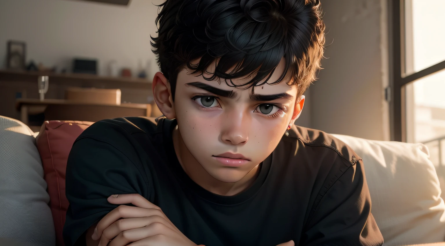 A face of a young 16-year-old man with a sad head down , Camisa Preta, no sofa de sua casa