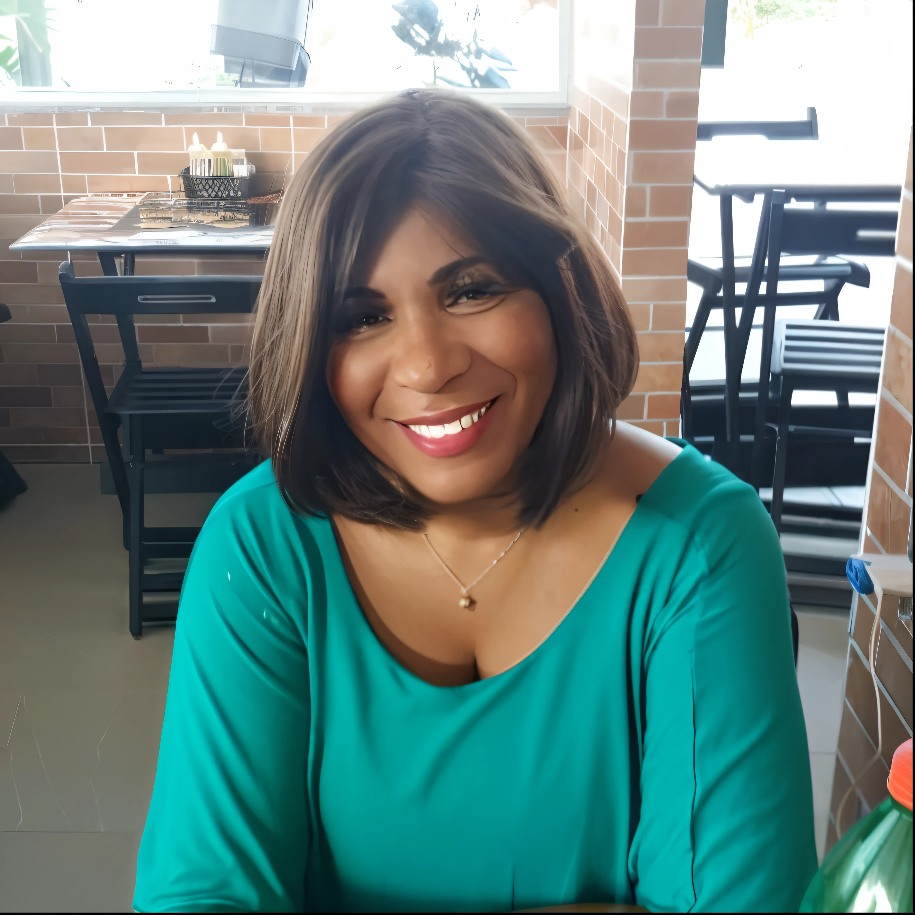 mulher sorridente sentada em uma mesa com um prato de comida, Parece Fabiula Nascimento, 3 5 year brazilian mother, imagem de perfil, Directed by: Nandor Soldier, Alanis Guillen, Mulher de 30 anos de Cuba, taken in the early 2020s, Directed by: Herbert MacNair