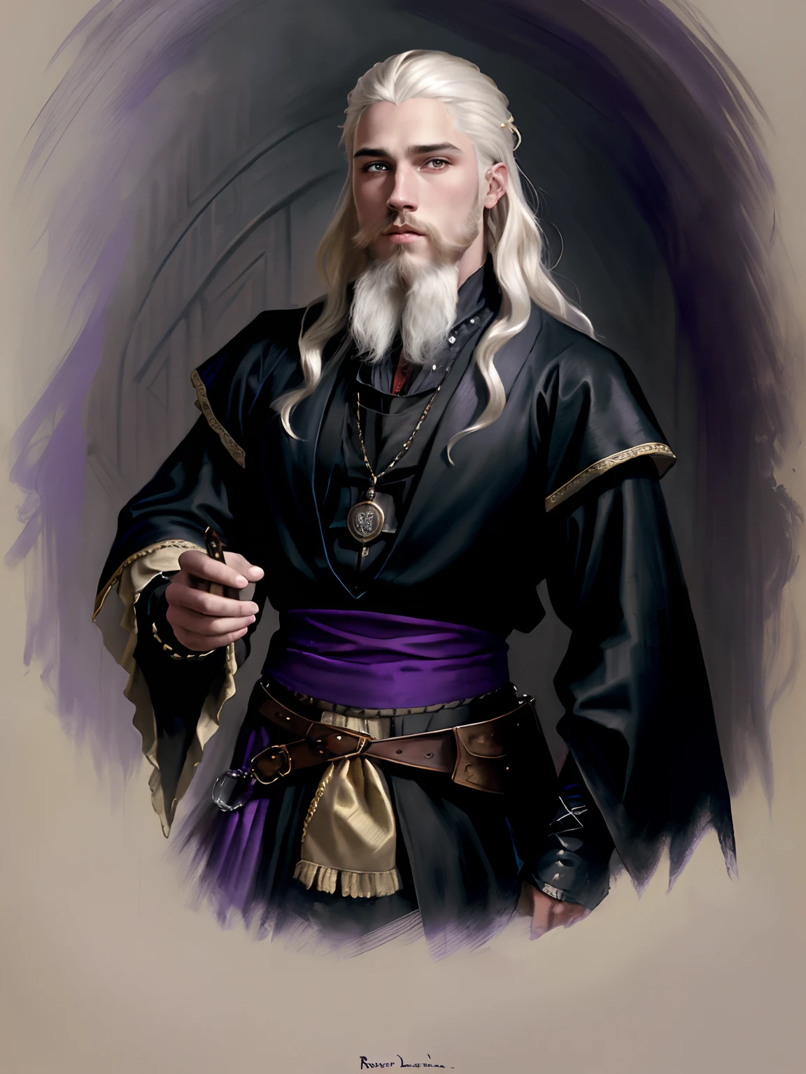 painting of a young man with a beard and short and messy platinum blond hair wear the clothes of a nobleman of the middle ages in black colors with red and purple details in the style of Bowater's art, directed by: Robert Lenkiewicz, Geraldo Brom, Alberto Lynch, cabelos curtos bem cortados, cabelos curtos bonitos