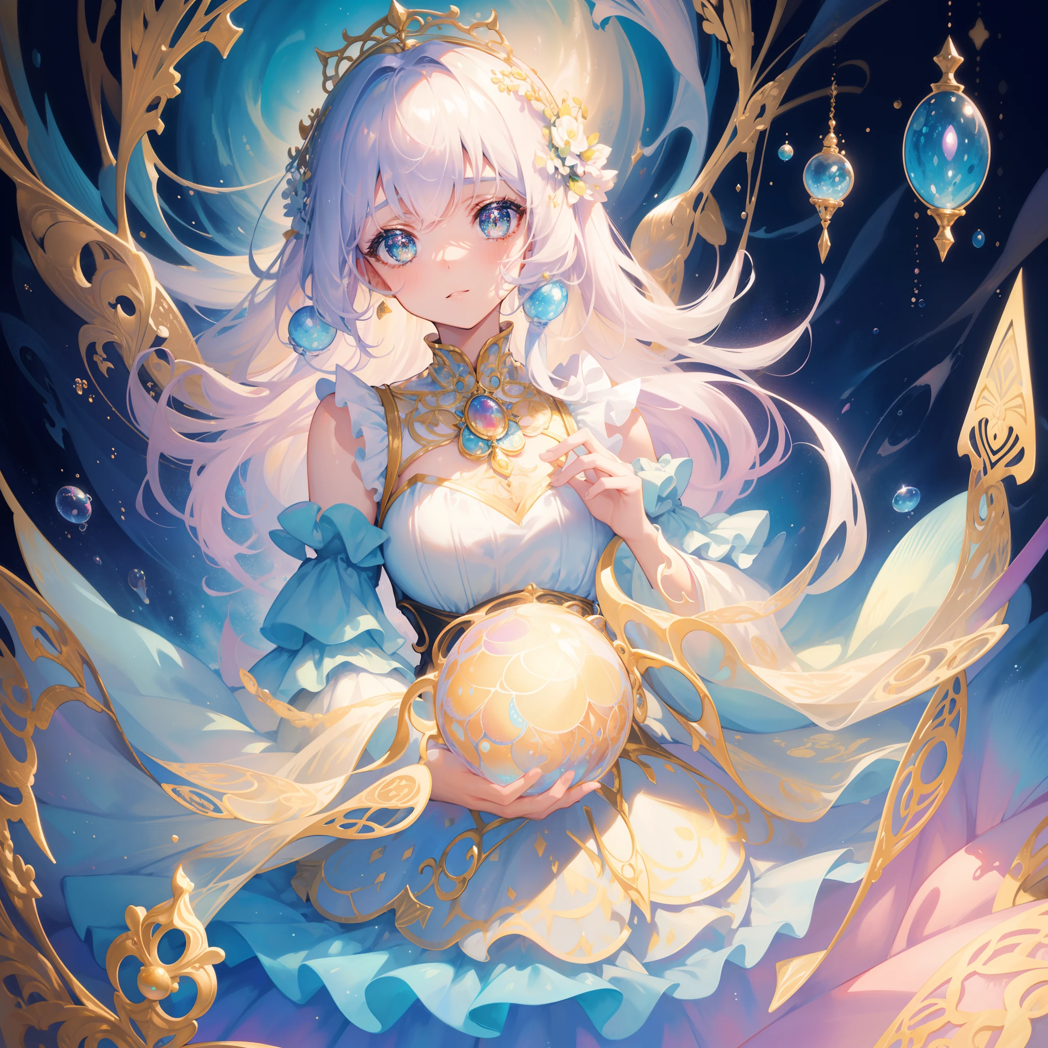 masterpiece, best quality, 8k resolution, sharp focus, intricate detail, beautiful girl, sparkling eyes, golden ratio face, otherworldly liquid, watercolor, pastel colors, bright colors, whimsical, colorful, sharp focus, high resolution, fine detail, ((layered tiered puffy long sleeves ballgown)), ((round eyes)), iridescent bubbles, fantasia background