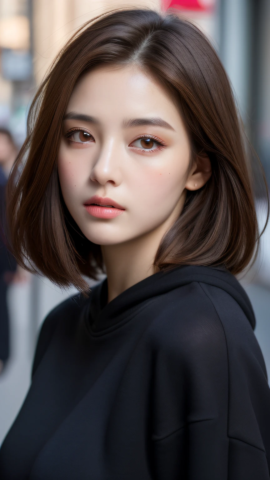 (Best quality, high resolution, masterpiece: 1.3), a beautiful woman, big breasts, slim figure, (short dark brown hair), sweatshirt, beautifully presented details in the street and facial and skin texture, detailed eyes, double eyelids, big eyes