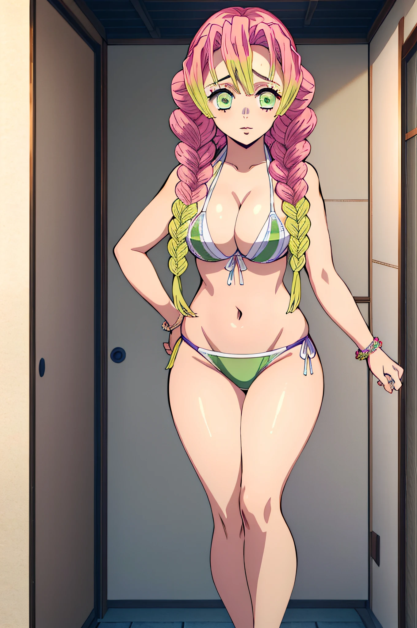 (obra maestra, mejor calidad), detalles intrincados,
1chica, MitsuriKanroji, deslumbrante, mirando hacia abajo,
cara sombreada, bikini