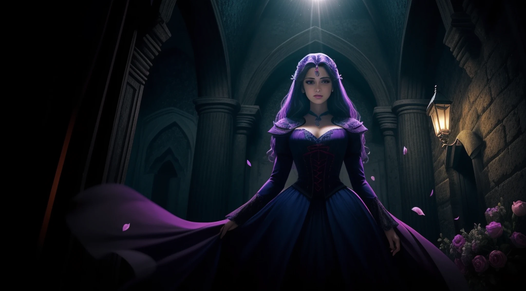 A female vampiro dracula (peitos pequenos, cabelos azul-escuros), obra-prima, melhor qualidade, (papel de parede CG unity 8k extremamente detalhado), (melhor qualidade), (best illustration), (melhor sombra), absurdos, lifelike lighting, (Abyss), lindo brilho detalhado, pose natural, de corpo inteiro, standingn, petals falling, interior, fanning, lanterna, 16K, HDR, highres, campo de profundidade, (grain of film: 1.1), boken, hora dourada, (lens flare), vinheta, rainbowart, (color classification: 1.5)