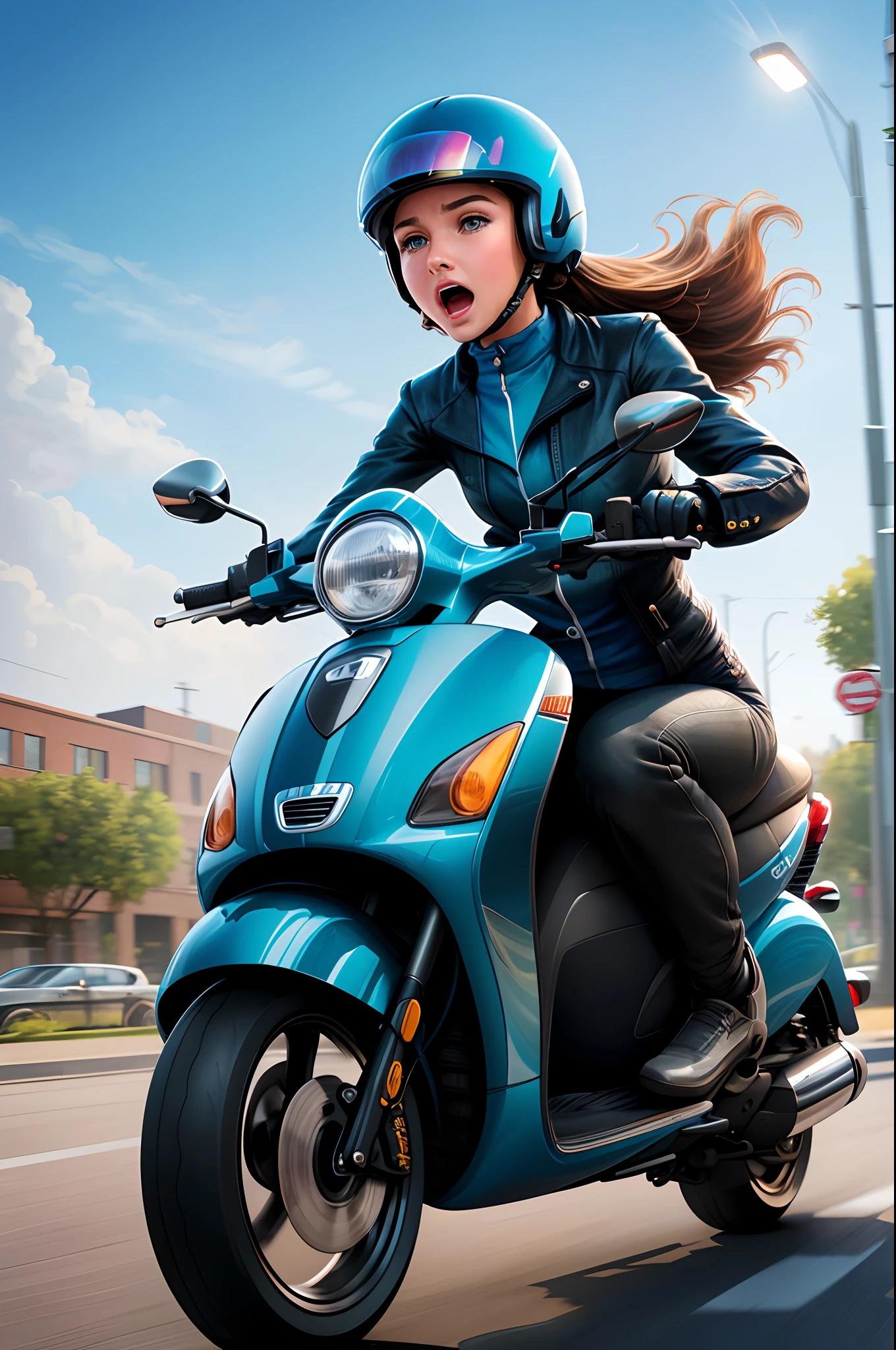 ((beste-Qualit)), ((tmasterpiece)), ((Realistic)), Ultra-detailed, A girl rides fast on a scooter, Surprised, dynamics, PIN Access Point, Illustration by Gil Eugren, —q 4 —s 750