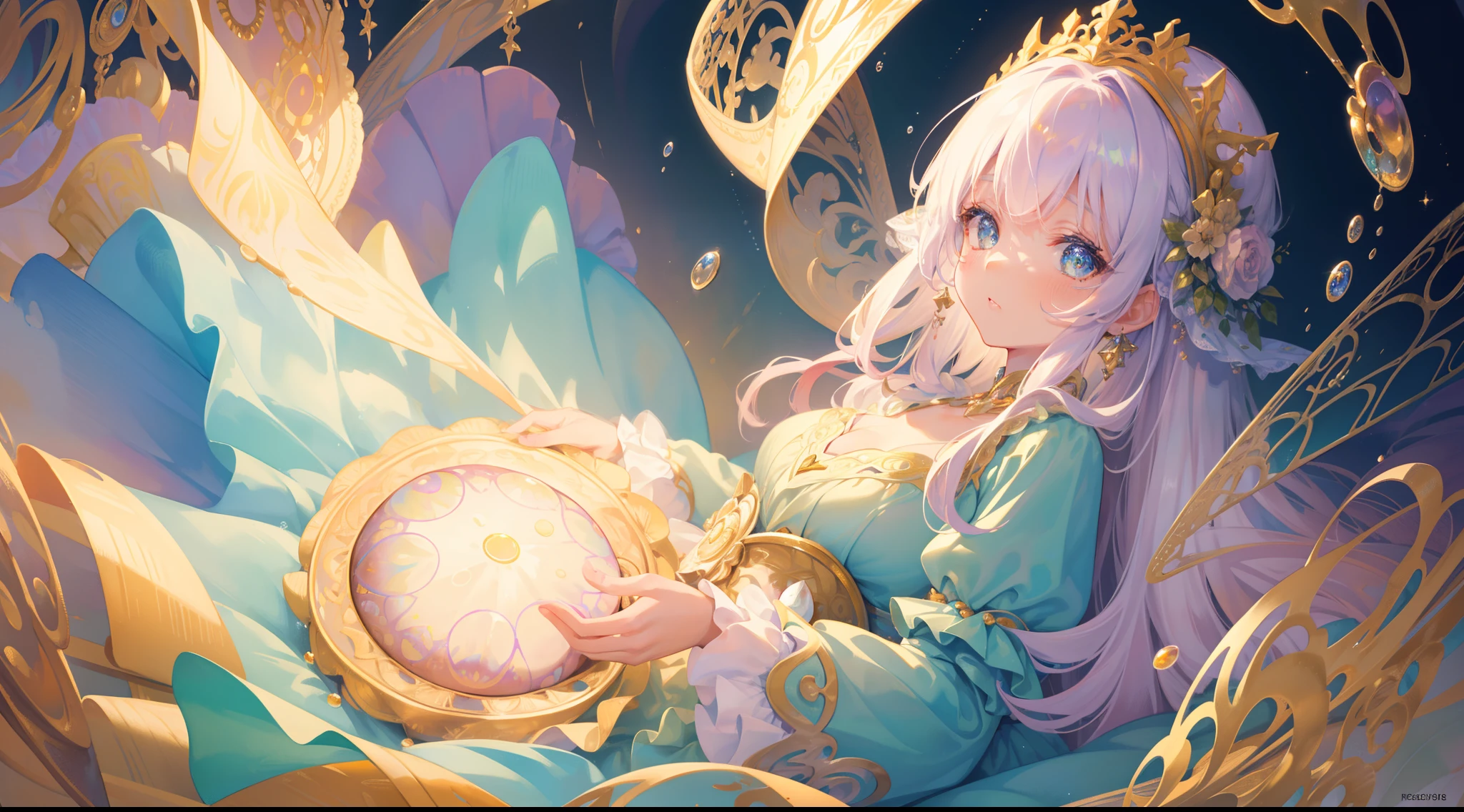 masterpiece, best quality, 8k resolution, sharp focus, intricate detail, beautiful girl, sparkling eyes, golden ratio face, otherworldly liquid, watercolor, pastel colors, bright colors, whimsical, colorful, sharp focus, high resolution, fine detail, ((layered tiered puffy long sleeves ballgown)), ((round eyes)), iridescent bubbles, fantasia background