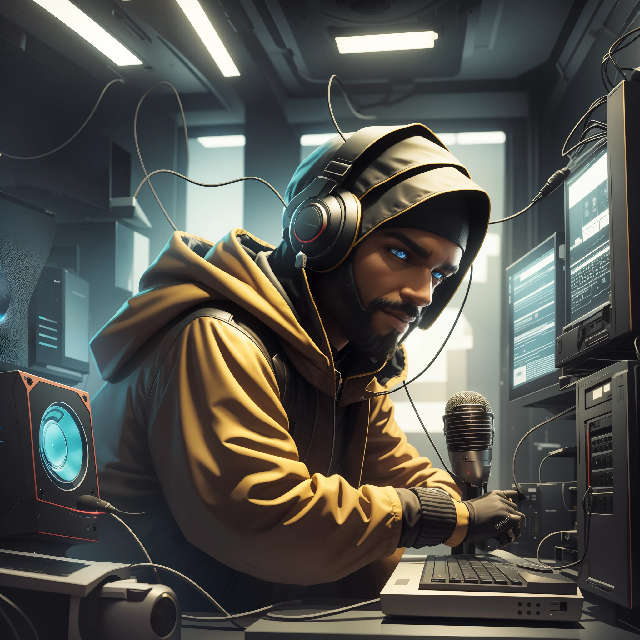 3d, Mysterious character with a mystery countenance, 8k, jaqueta preta, e olhos escuros, transmitting information, com headset e microfone, em um computador laptop