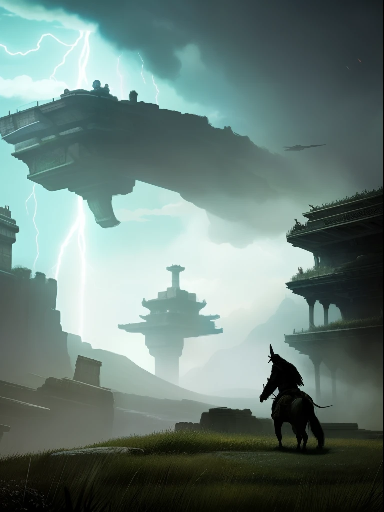 A surreal and Dramatic dynamic portrait in the style of the Shadow of the Colossus, ICO, The Last Guardian, Fumito Ueda and Arnold Bocklin, cinematyc lightning.