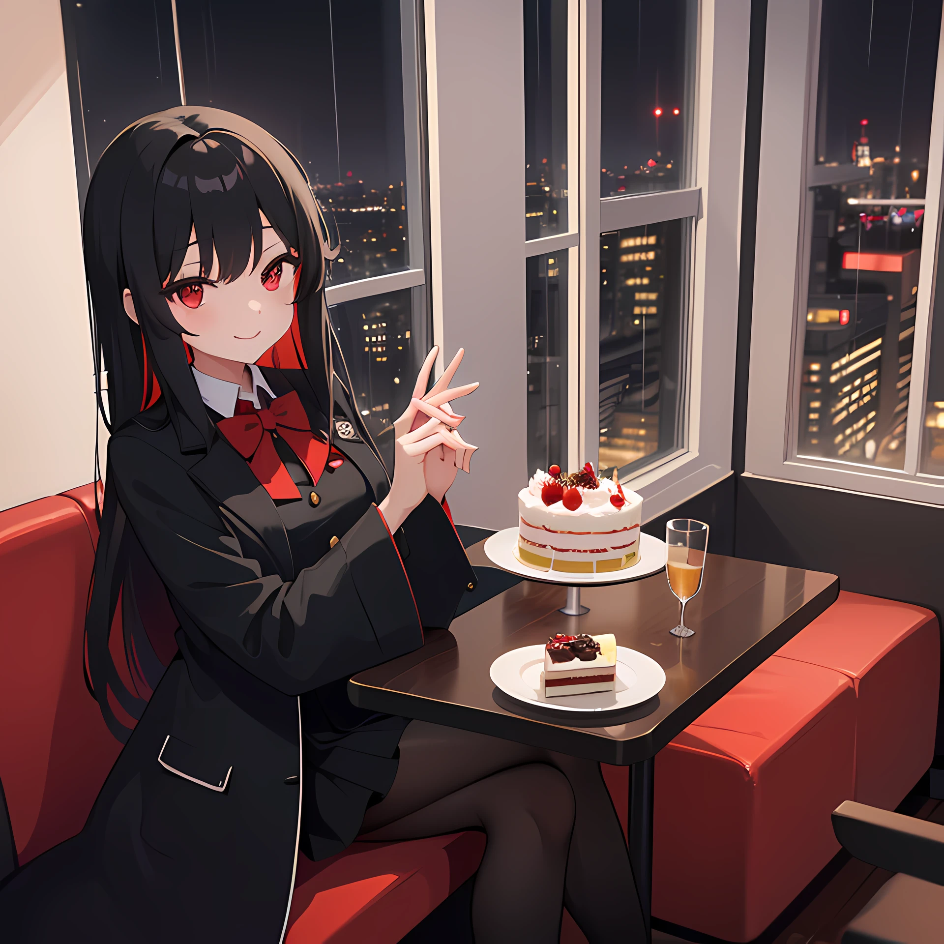 1girl, long hair, black hair, red bow, black skirt, red eyes, black pantyhose, looking at viewer, bracelet, gradient hair, smile, solo, coat, black coat, cake, night, restaurant, window, rain
