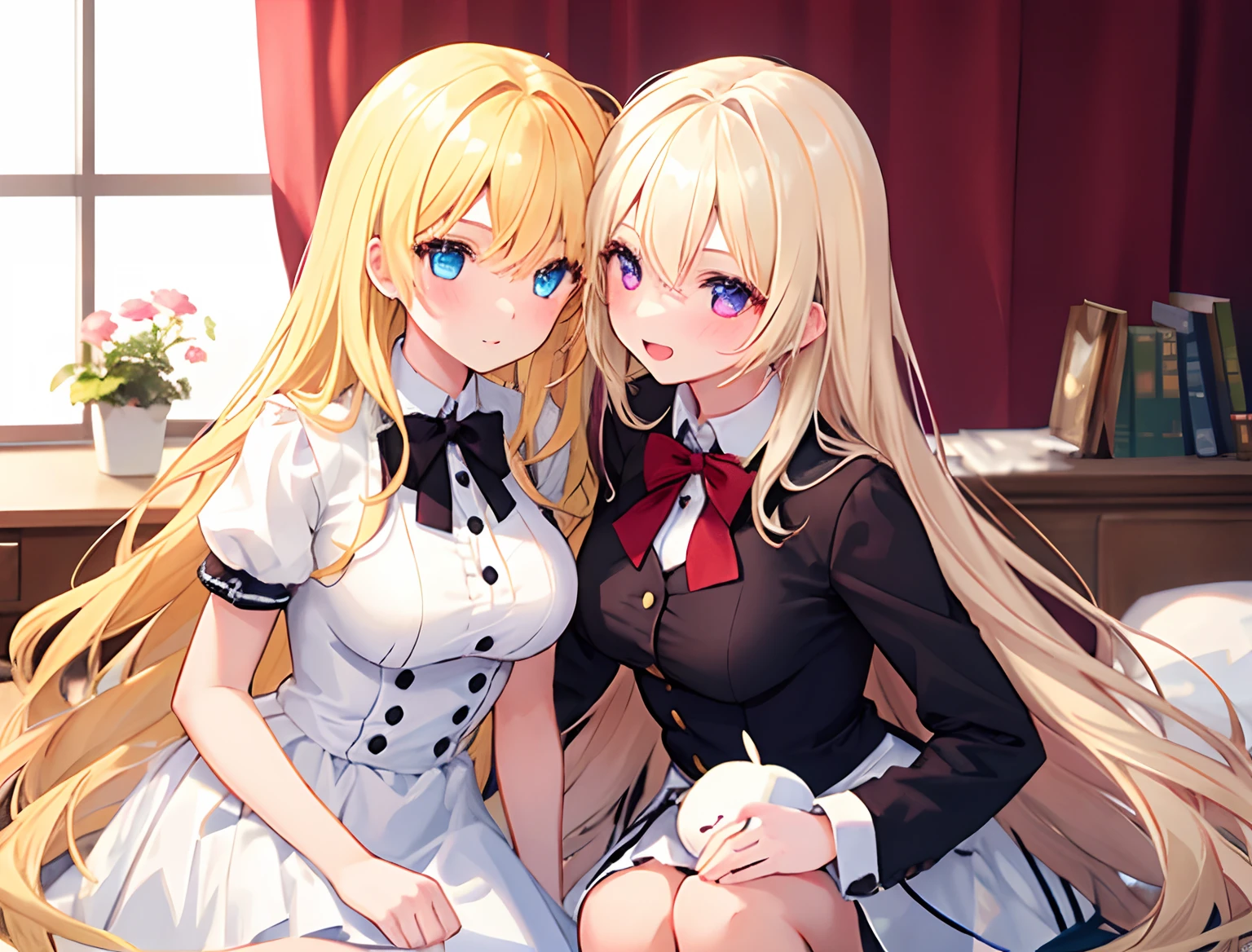 2girls，Girl1：，adolable，golden hair，long whitr hair，girl 2：Golden hair，long whitr hair，Touch each other's breasts
