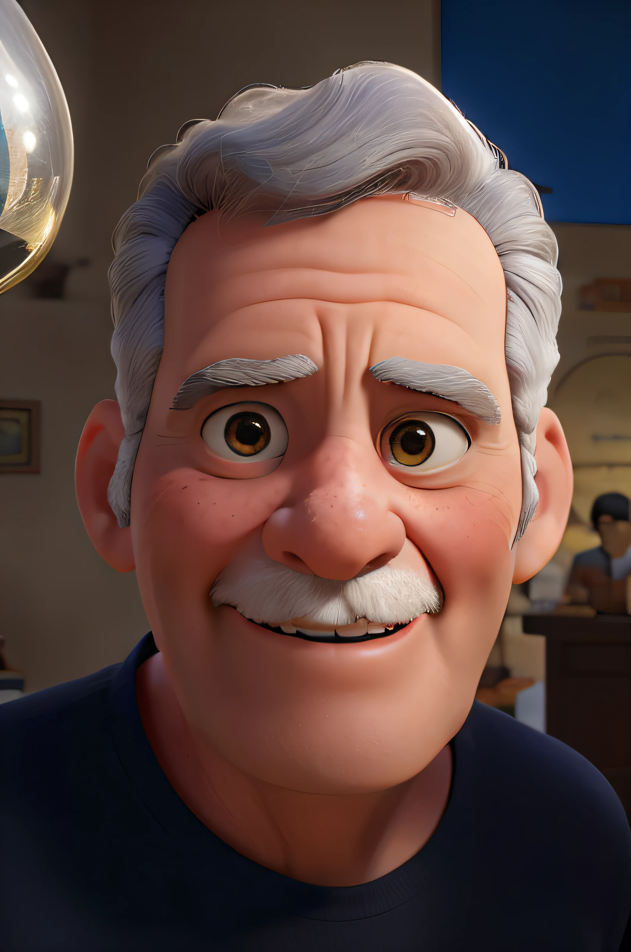 Obra-prima, de melhor qualidade, realista, estilo pixar, um homem de pele clara de 56 anos, e cabelos claros encaracolados, com olhos estilo anime, sorrindo, sobrancelhas normais, nariz normais, de bigode claro, standing photo, de corpo inteiro na cidade