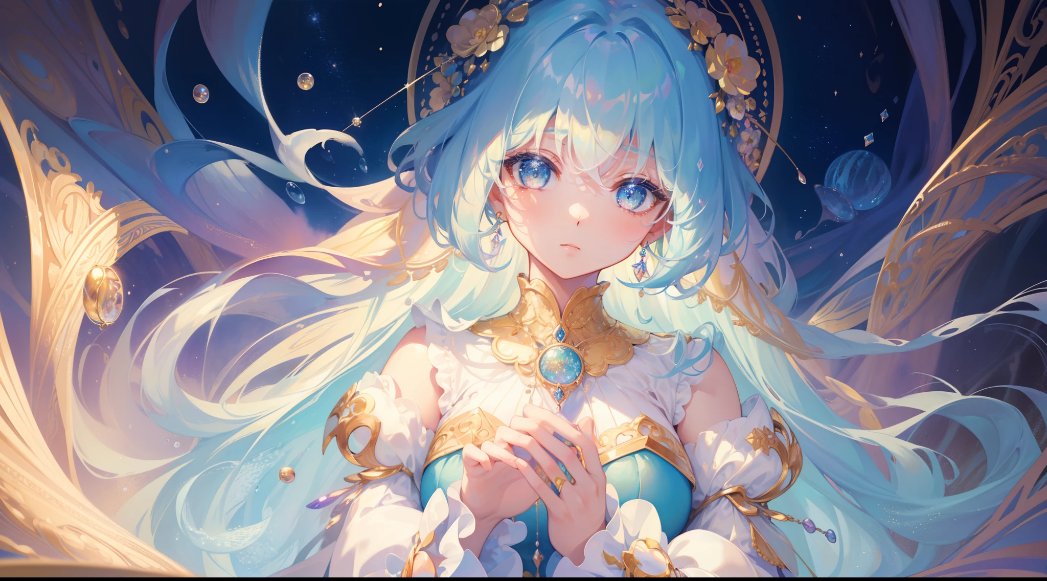 masterpiece, best quality, 8k resolution, sharp focus, intricate detail, beautiful girl, sparkling eyes, golden ratio face, otherworldly liquid, watercolor, pastel colors, bright colors, whimsical, colorful, sharp focus, high resolution, fine detail, ((layered tiered puffy long sleeves ballgown)), ((round eyes)), iridescent bubbles, fantasia background