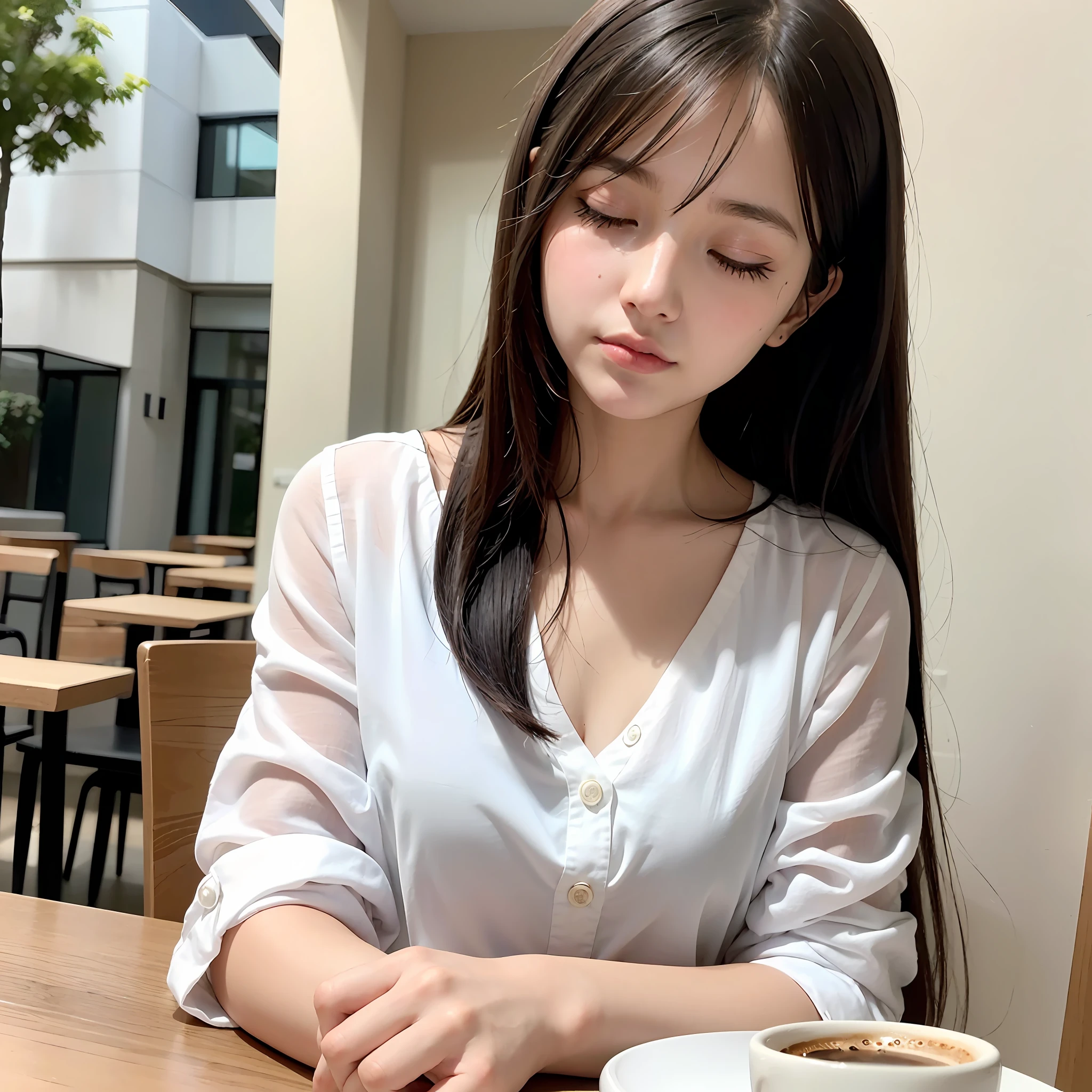 ((((narcolepsy))))、Are sleeping、Photorealsitic、超A high resolution、(masterpiece:1.4)、top-quality、Highly detailed CG Unity 8K wallpapers、((cafe terrace))、Are sleeping、1girll、nffsw、Extreme Detail、glistning skin、Details of very complex textures、Powerful rim light、intense shadow、Sigma 35mm f1.4、RPG、sitting on、The table、Have a coffee cup、23years old、Small_breasted、Upper body only、Long straight hair、Marnie Hair、gradation hair、Beige hair、Lavender Eye、Aqualip、full body Esbian、Hair fluttering in the wind、White blouse、
