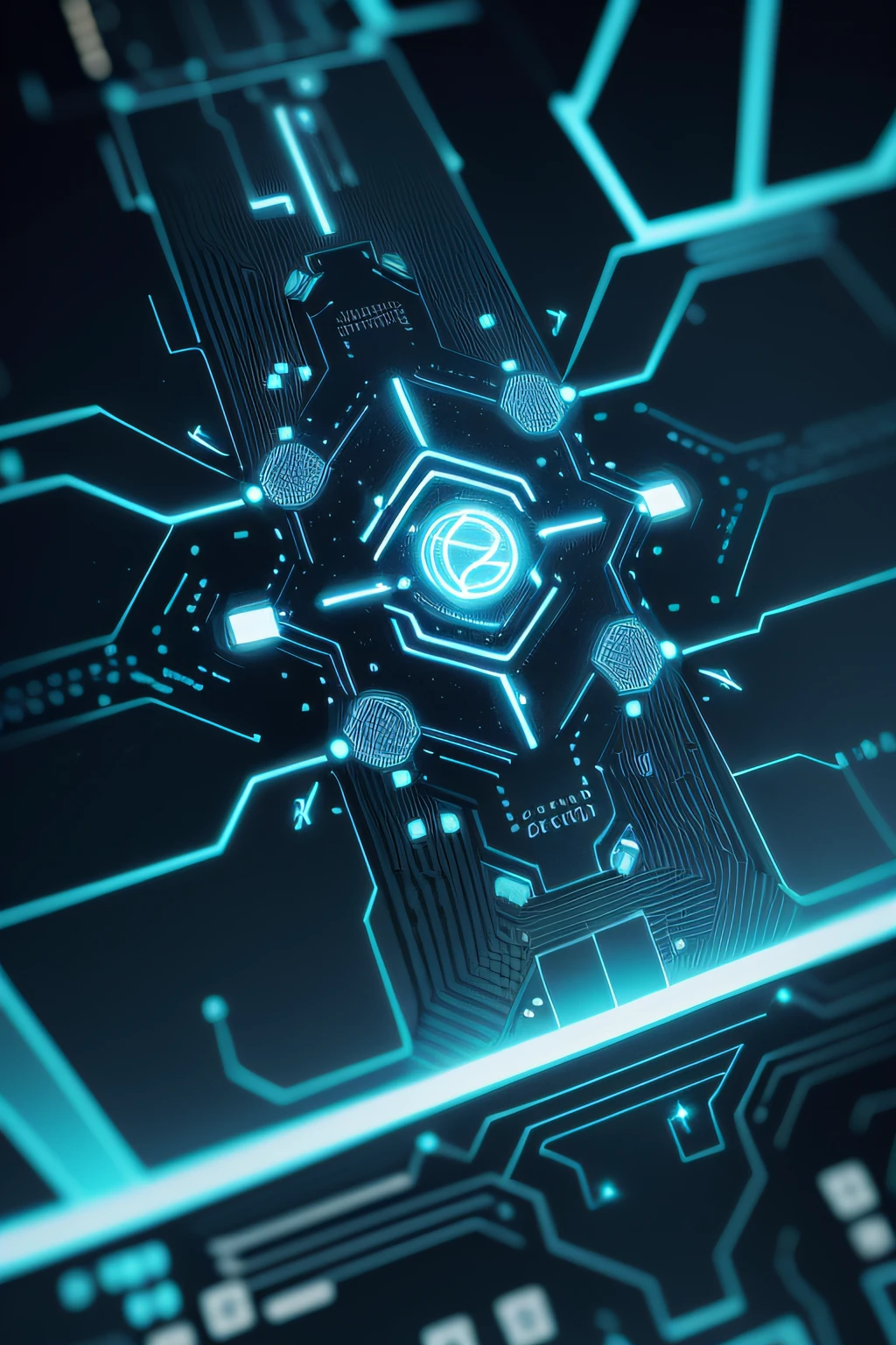 imagine interlaced electronic circuits, engrenagens em movimento, connectivity symbols and floating digital interfaces resembling constellations in a night sky. The color palette is composed of vibrant, saturated tones ranging from electric blues, verdes cintilantes