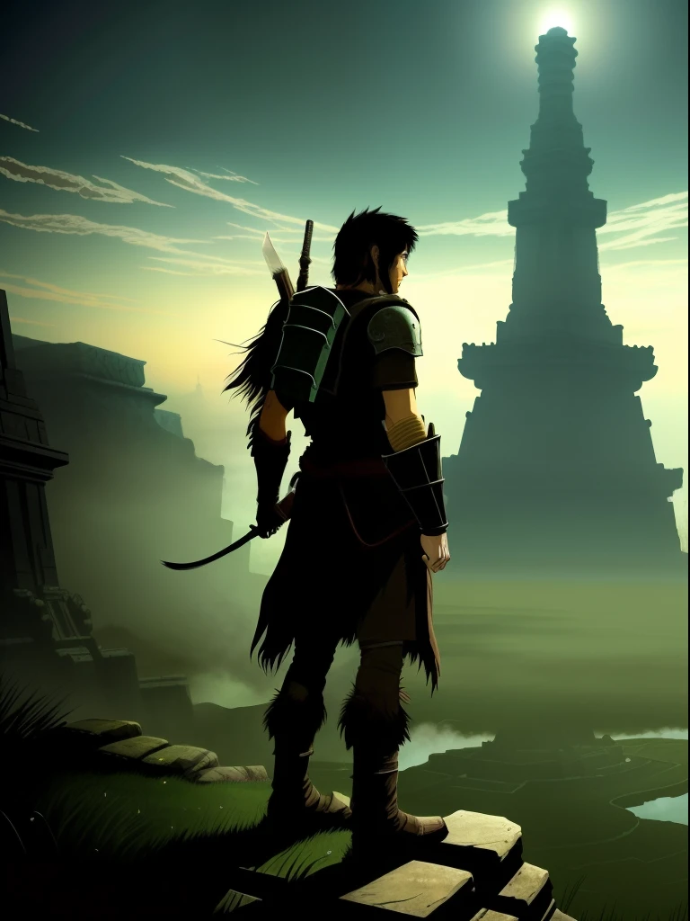 A surreal and Dramatic dynamic portrait in the style of the Shadow of the Colossus, ICO, The Last Guardian, Fumito Ueda and Arnold Bocklin, cinematic lighting.