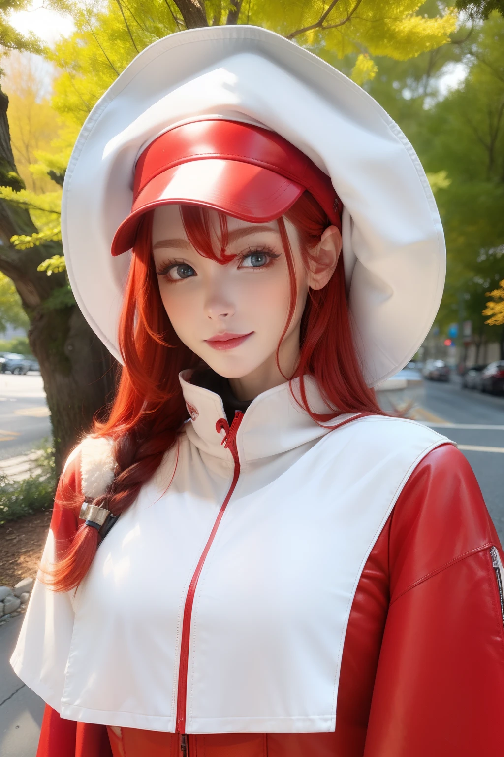 Red clothes,redheadwear,white skinned,White eyes,plumw,The upper part of the body,tmasterpiece