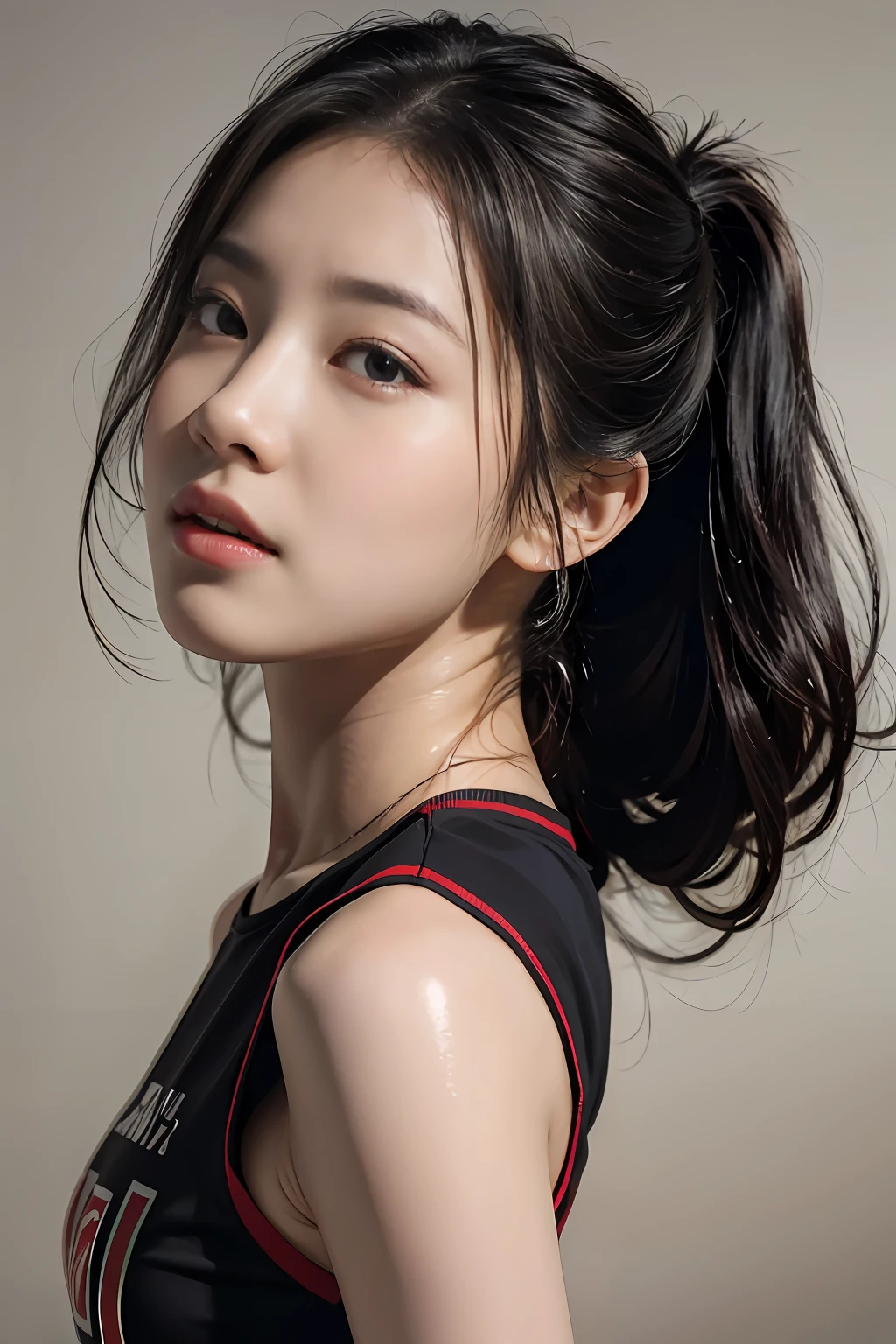 Best Quality, Masterpiece, Ultra High Resolution, (Realistic: 1.4), Original Photo, Official Art, Wallpaper, Bust Photo, Skin, Simple Background, Black Eyes, Details, 1 Girl, Red T-Shirt, Breeze, Sunshine, Shy Face, Water Mist, Studio Light,