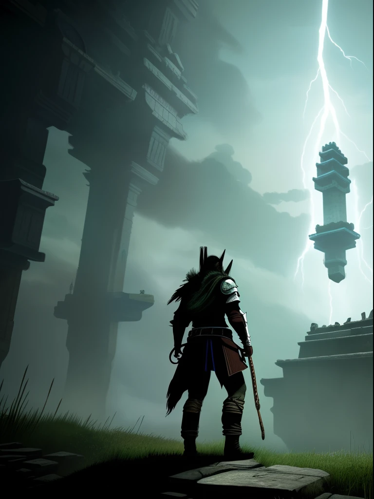 A surreal and Dramatic dynamic portrait in the style of the Shadow of the Colossus, ICO, The Last Guardian, Fumito Ueda and Arnold Bocklin, cinematyc lightning.