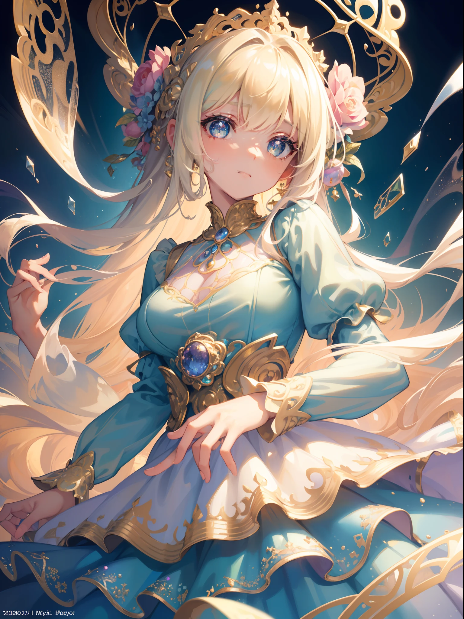 masterpiece, best quality, 8k resolution, sharp focus, intricate detail, beautiful girl, sparkling eyes, golden ratio face, otherworldly liquid, watercolor, pastel colors, bright colors, whimsical, colorful, sharp focus, high resolution, fine detail, ((layered tiered puffy long sleeves ballgown)), ((round eyes)), iridescent bubbles, fantasia background