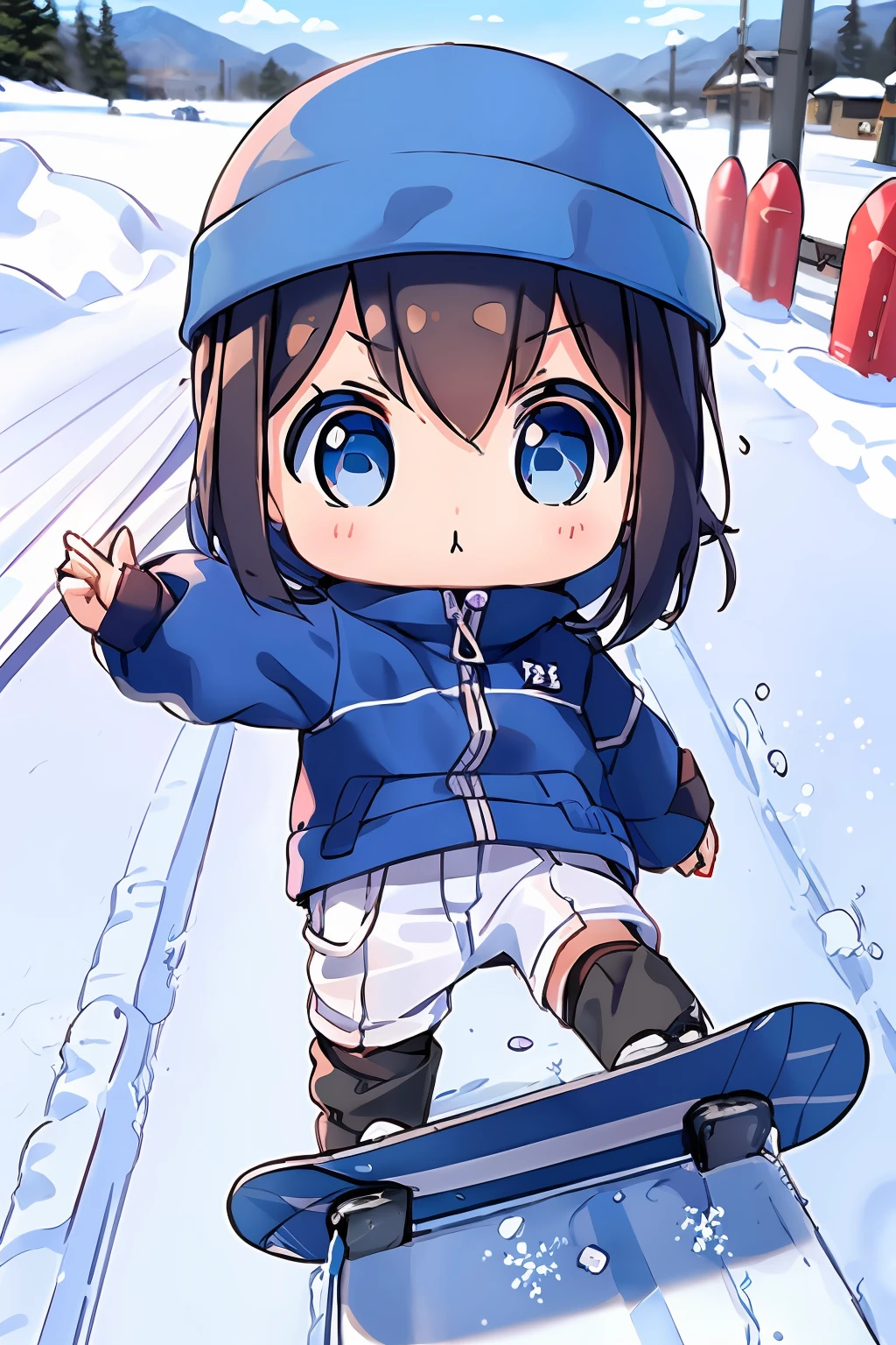 masterpiece, top-quality, Chibi,1boy(((Blue-eyed boy))), cheng,brown haired,shorth hair, Ski resort on a sunny day、snow board、(((Chasing the person in front of you on a snowboard)))(((Glide facing forward)))