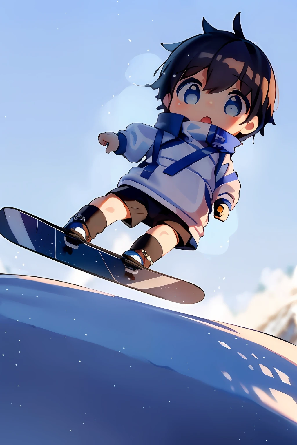 masterpiece, top-quality, Chibi,1boy(((Blue-eyed boy))), cheng,brown haired,shorth hair, Ski resort on a sunny day、snow board、(((Chasing the person in front of you on a snowboard)))(((Glide facing forward)))