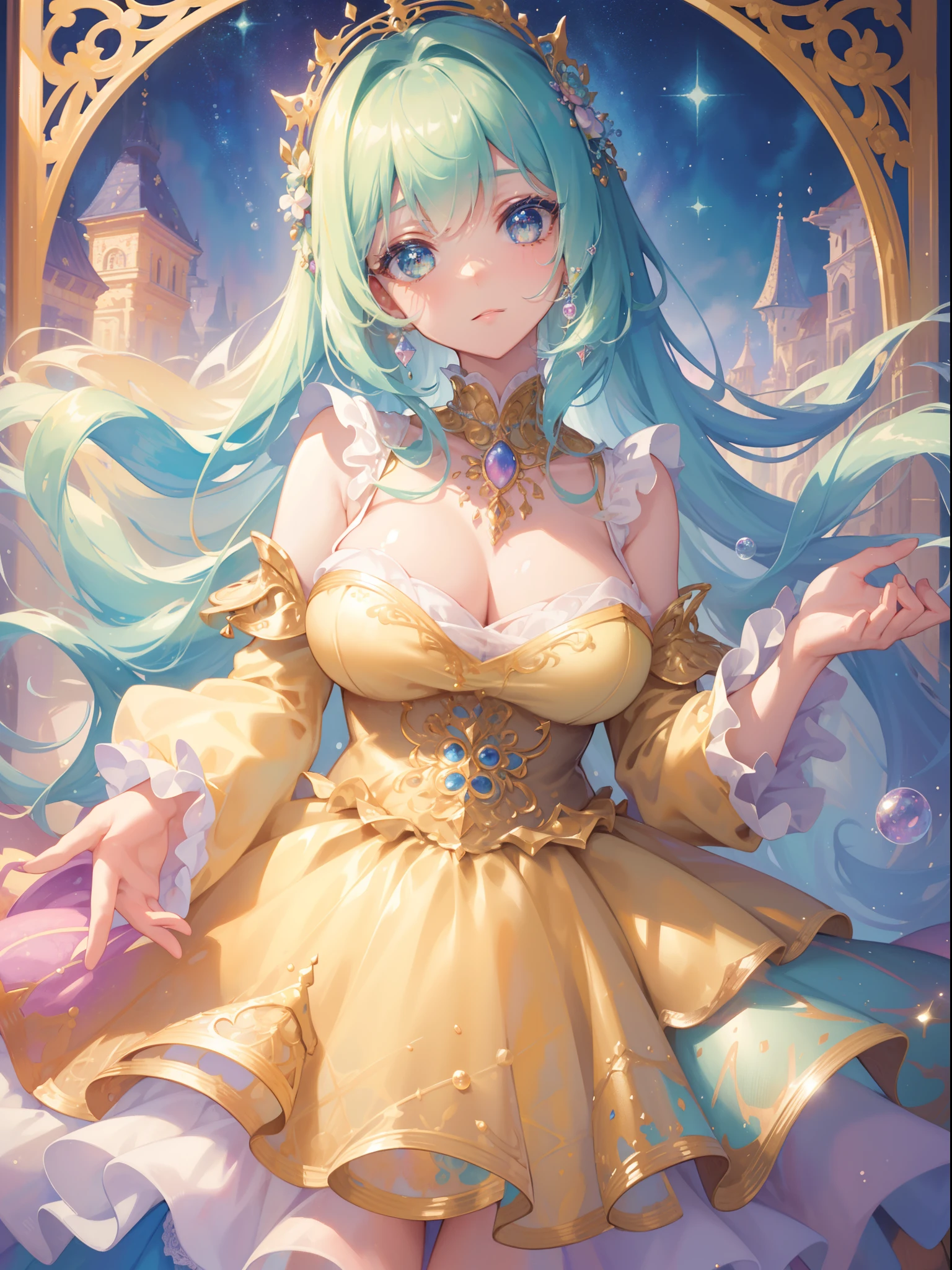 masterpiece, best quality, 8k resolution, sharp focus, intricate detail, beautiful girl, sparkling eyes, golden ratio face, otherworldly liquid, watercolor, pastel colors, bright colors, whimsical, colorful, sharp focus, high resolution, fine detail, ((layered tiered puffy long sleeves ballgown)), ((round eyes)), iridescent bubbles, fantasia background