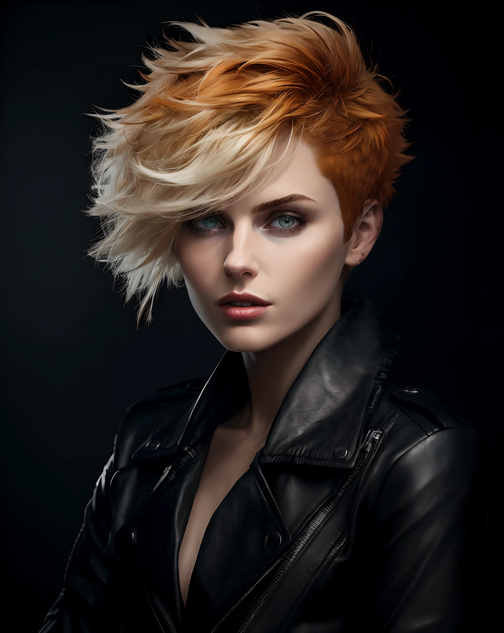 blond woman with short hair and leather jacket posing for a picture, styled hair, dramatic hair color, great _ hairstyle, feathered hair, brunette with dyed blonde hair,  hair, spiky orange hair, futuristic hairstyle, redahair and attractive features, girl with short white hair, fashion portrait photo, asymmetrical haircut, fashion model portrait