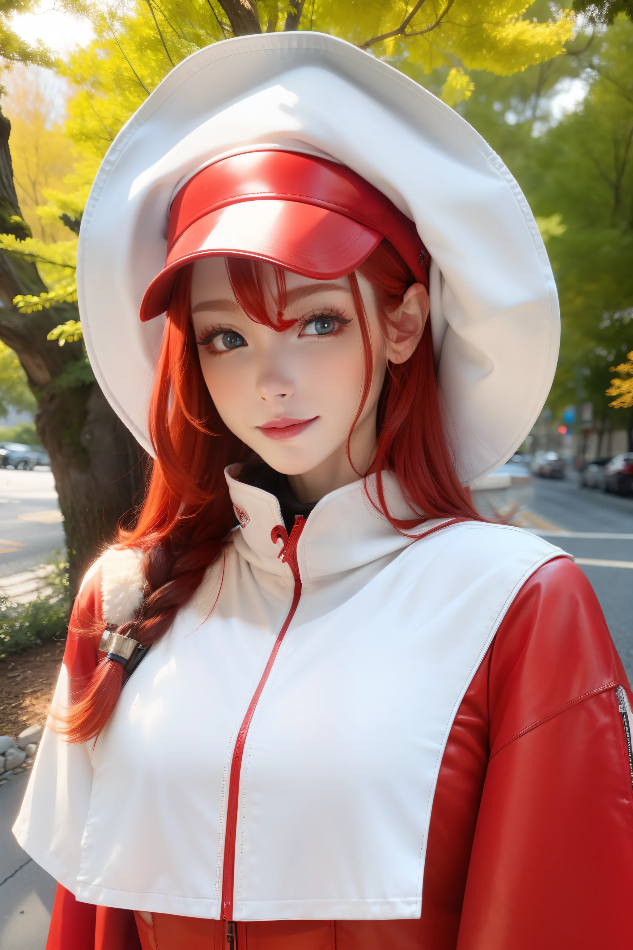 Red clothes，redheadwear，white skinned，White eyes，plumw，The upper part of the body，tmasterpiece