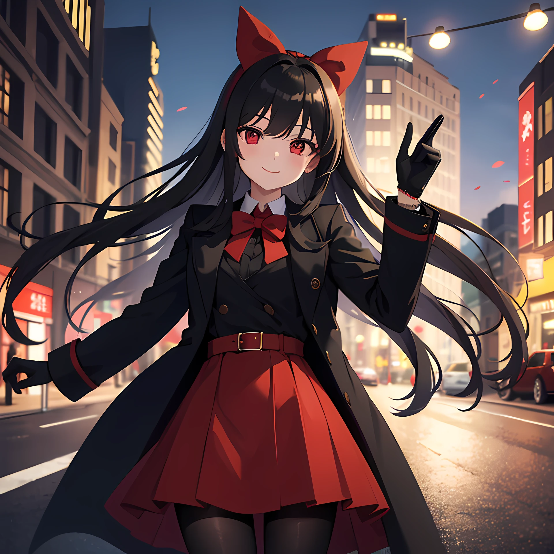 1girl, long hair, black hair, red bow, black skirt, red eyes, black pantyhose, looking at viewer, bracelet, gradient hair, smile, solo, coat, black coat, night, restaurant, vehicle focus, car, gloves