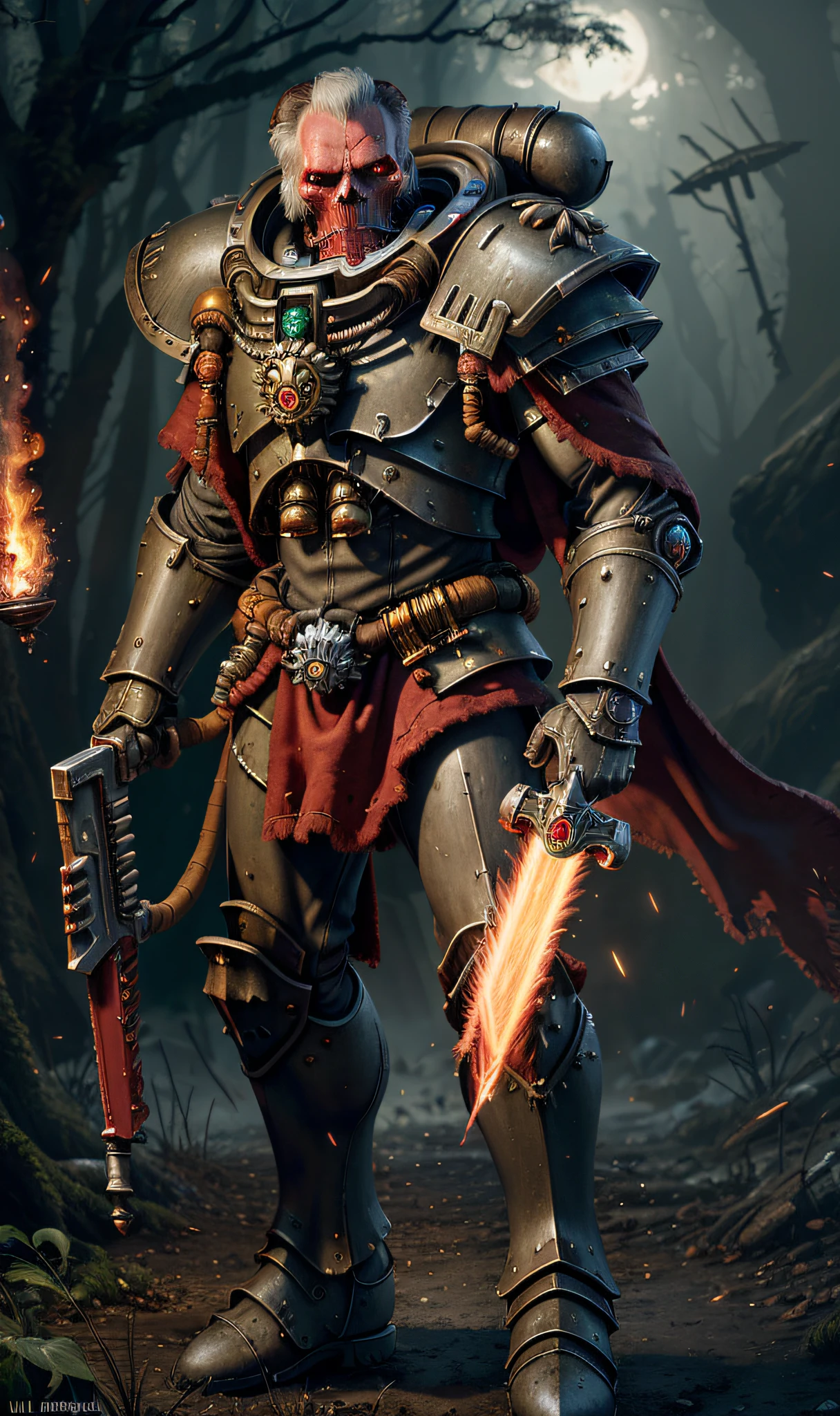 (4k ,ultra detailed:1.2),(realistic:1),illustration,(photorealistic:1), druid, warhammer 40k, space marine, Steel Gray Platinum Light red armor, (highly detailed skull:0.8), realistic reflections, cinematic composition, no weapom