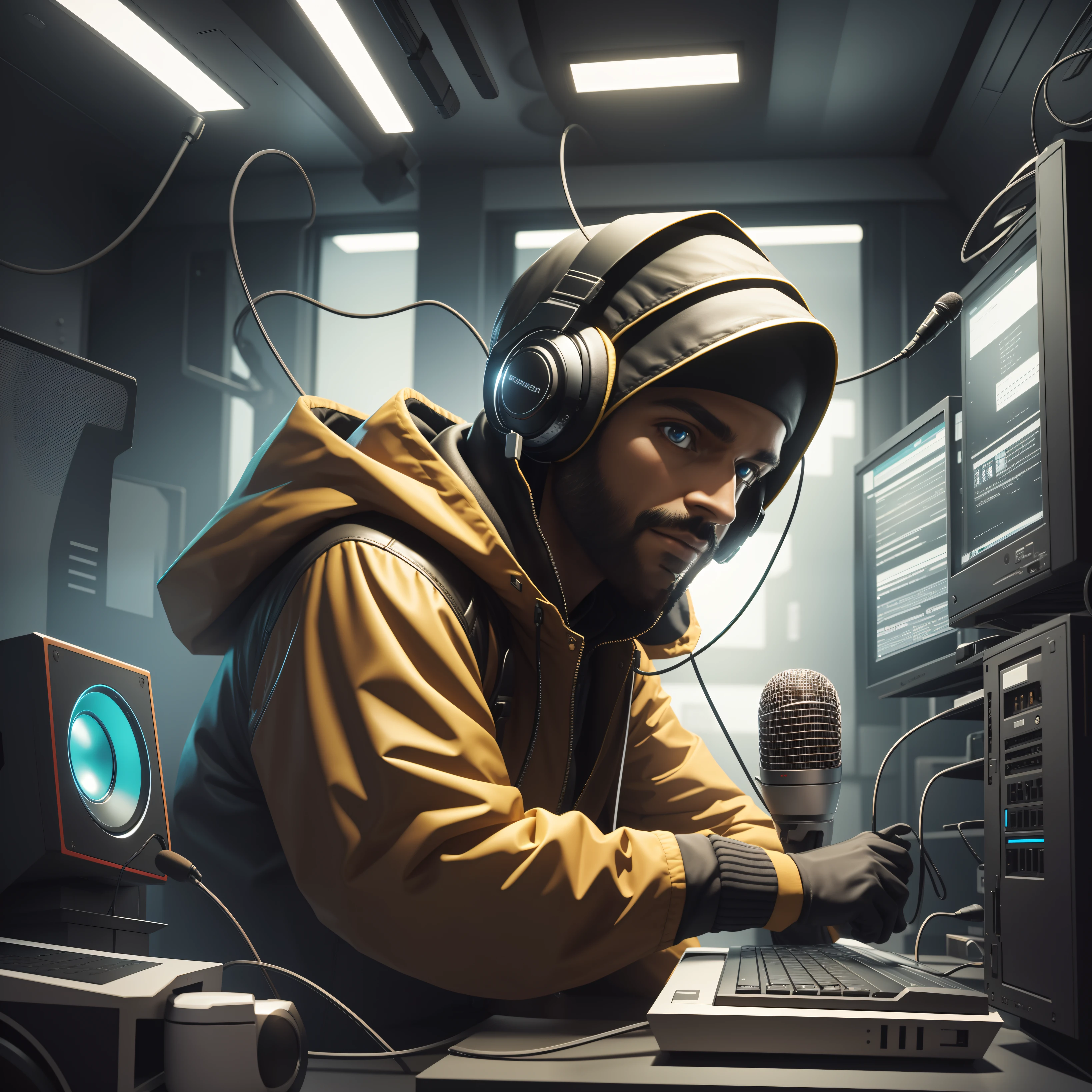 ..3d, Personagem misterioso com um semblante misterioso, 8k, jaqueta preta, e olhos escuros, Transmission of information, com headset e microfone, em um computador laptop, animation