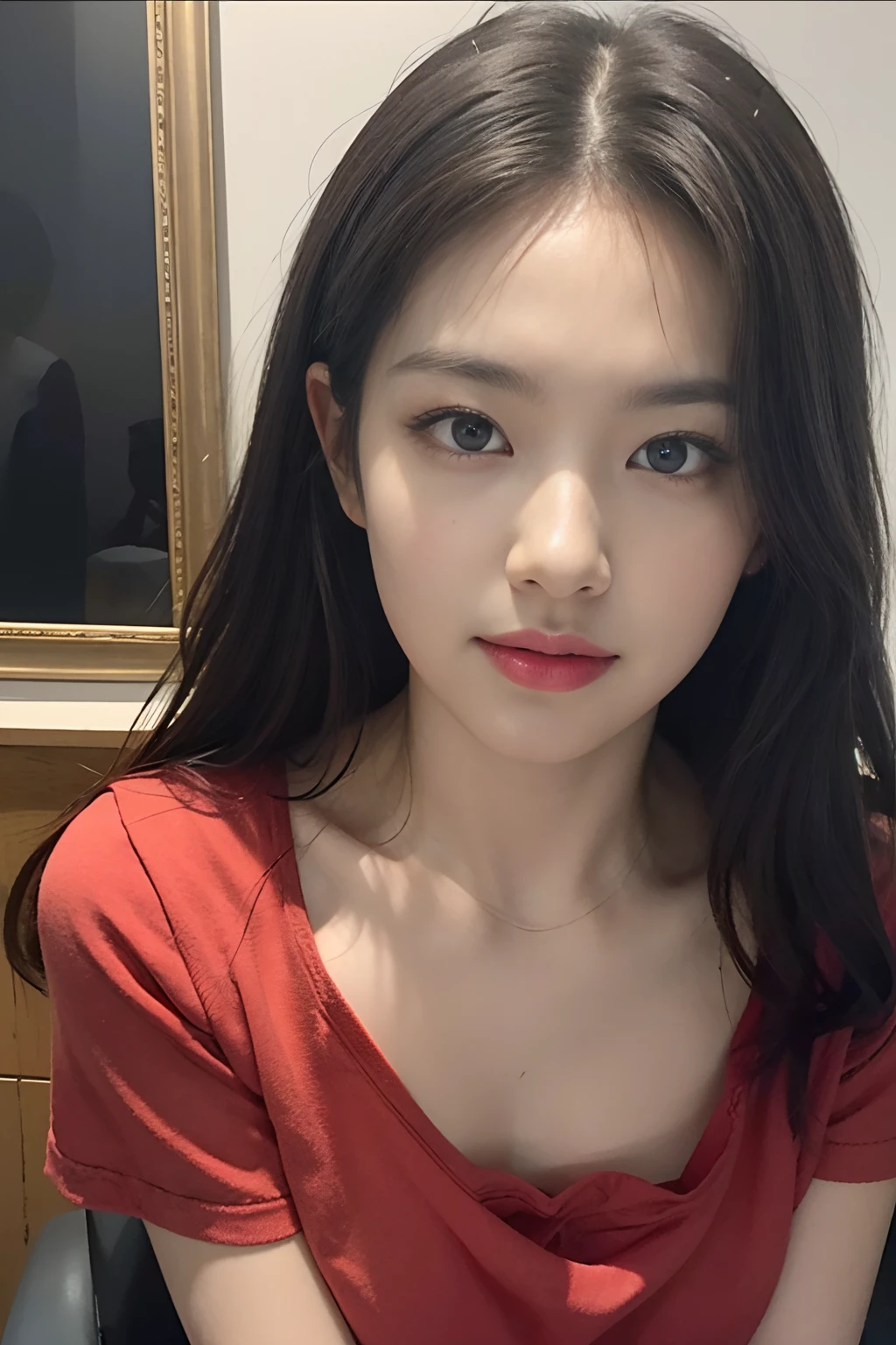 Best Quality, Masterpiece, Ultra High Resolution, (Realistic: 1.4), Original Photo, Official Art, Wallpaper, Bust Photo, Skin, Simple Background, Black Eyes, Details, 1 Girl, Red T-Shirt, Breeze, Sunshine, Shy Face, Water Mist, Studio Light,