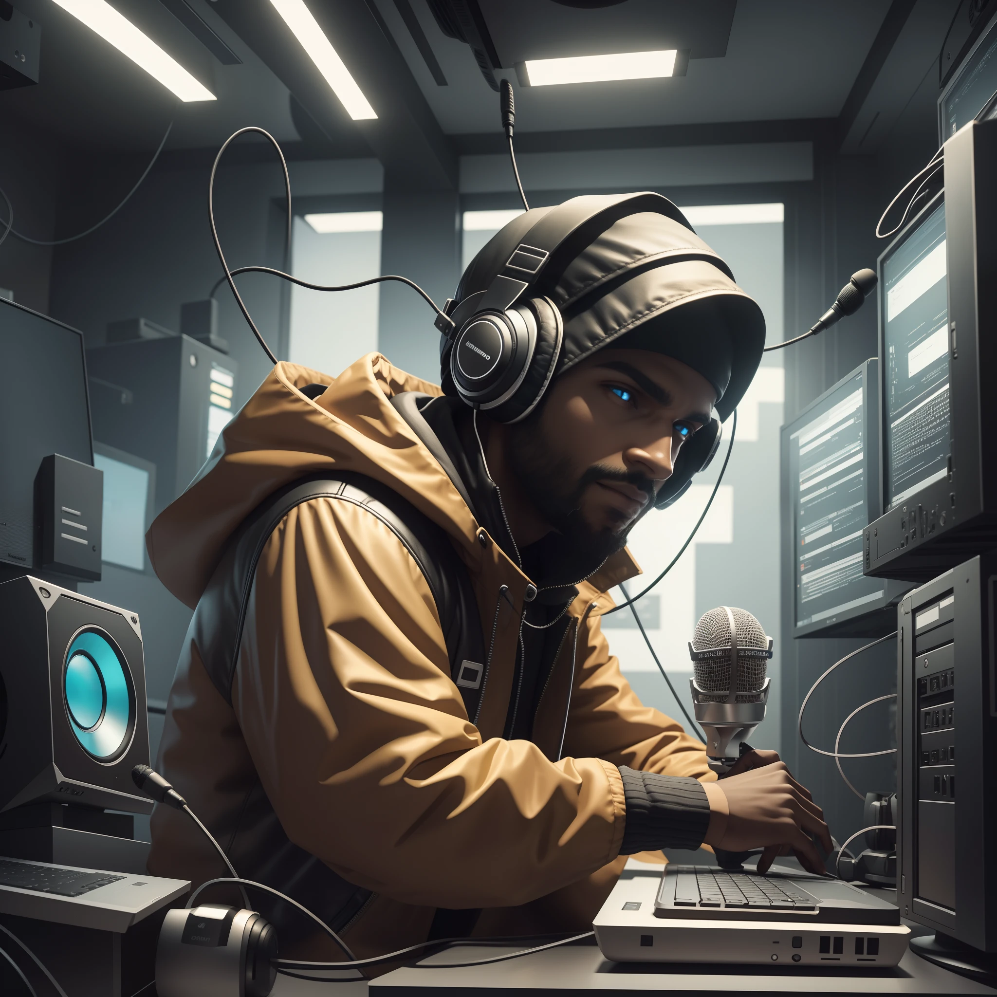 ..3d, Personagem misterioso com um semblante misterioso, 8k, jaqueta preta, e olhos escuros, Transmission of information, com headset e microfone, em um computador laptop, animation, ombros aparente, frente para espectador