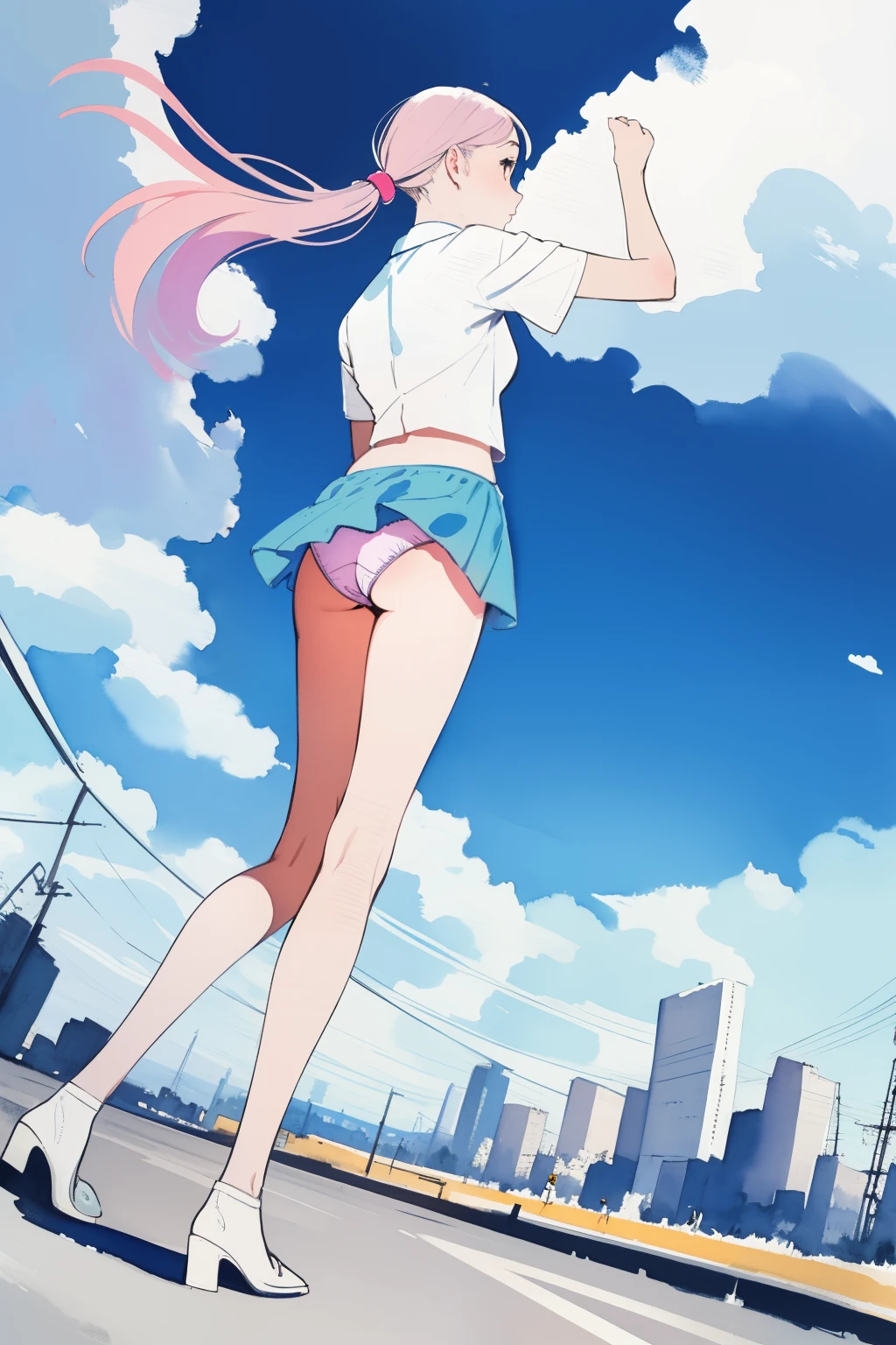 (masterpiece, high quality), 1girl, 18yo, colorful top, small breast, mini skirt, upskirt, colorful panties, long hair, (low angle), wide angle, view from below, closeup, from behind, walk the city stret, blue skies, power lines, vibrant colors, bright, white, watercolor