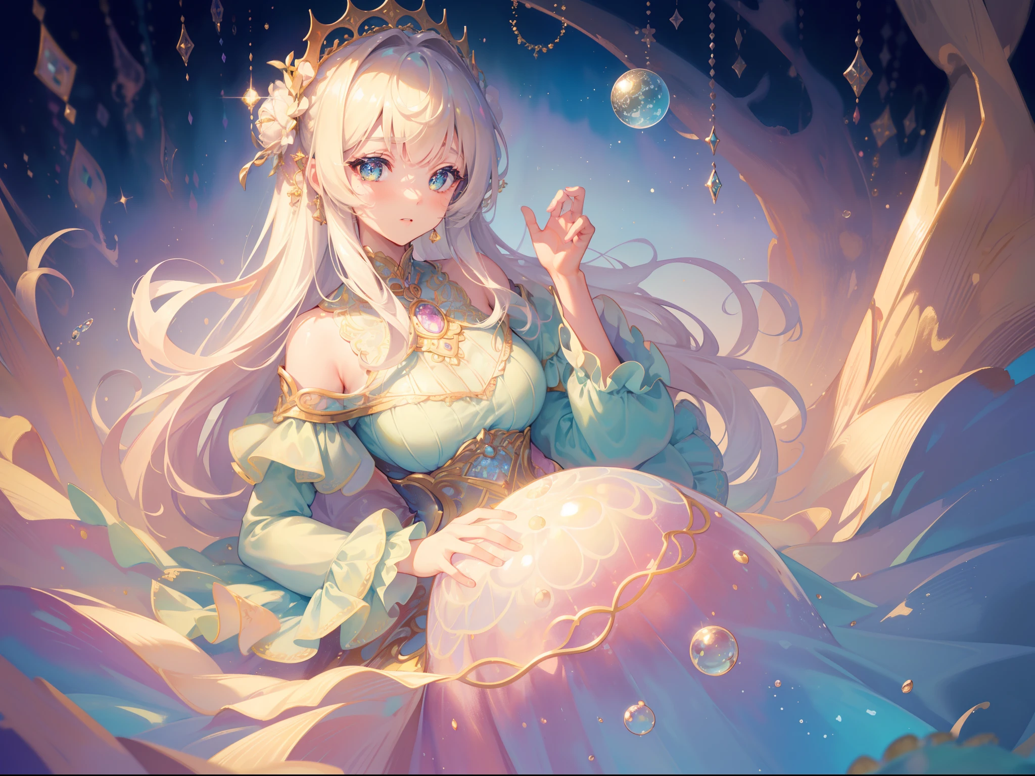 masterpiece, best quality, 8k resolution, sharp focus, intricate detail, beautiful girl, sparkling eyes, golden ratio face, otherworldly liquid, watercolor, pastel colors, bright colors, whimsical, colorful, sharp focus, high resolution, fine detail, ((layered tiered puffy long sleeves ballgown)), ((round eyes)), iridescent bubbles, fantasia background