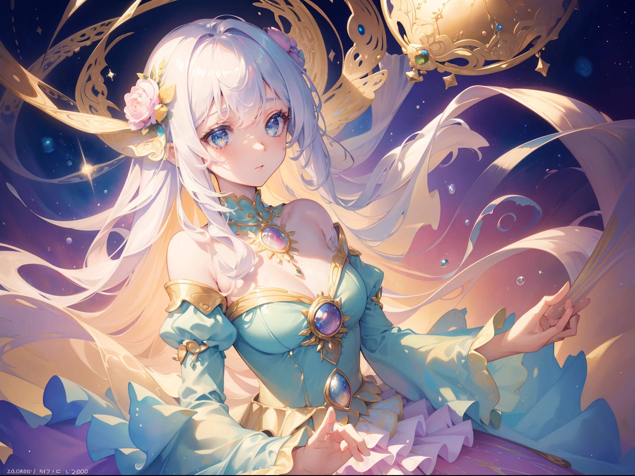 masterpiece, best quality, 8k resolution, sharp focus, intricate detail, beautiful girl, sparkling eyes, golden ratio face, otherworldly liquid, watercolor, pastel colors, bright colors, whimsical, colorful, sharp focus, high resolution, fine detail, ((layered tiered puffy long sleeves ballgown)), ((round eyes)), iridescent bubbles, fantasia background