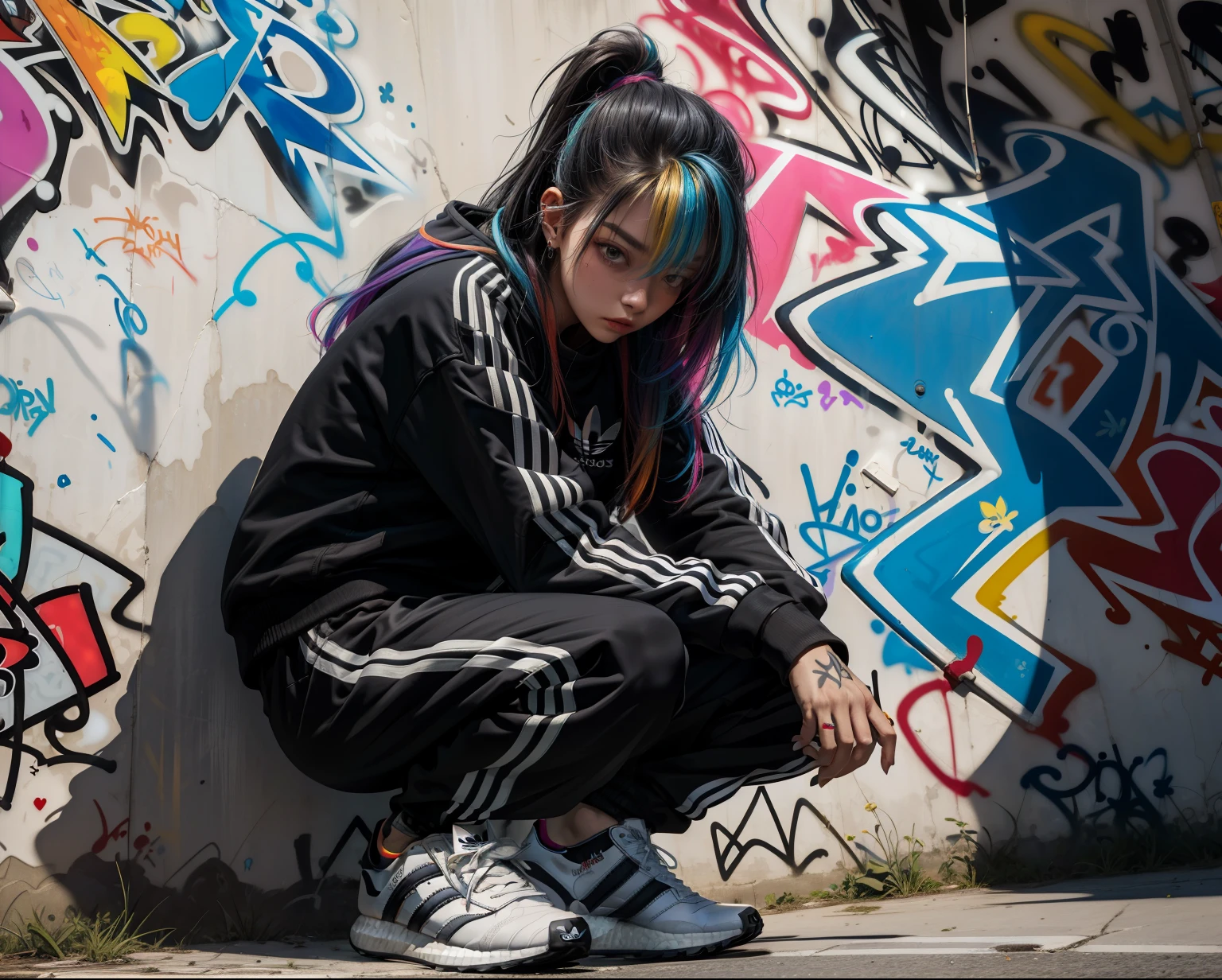 Masterpiece, best quality, 1girl, from below, upper body, cool, long hair, multicolored hair, (black adidas tracksuit:1.2), (squatting),leaning against wall, (graffiti:1.2),