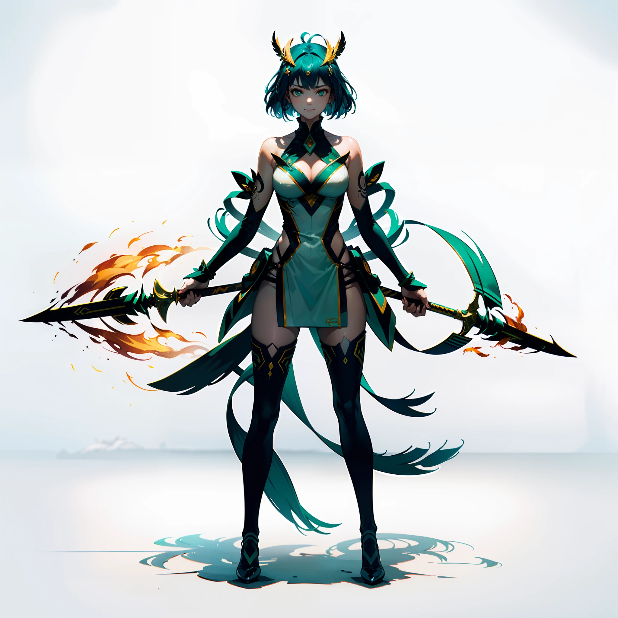 confident, strong-willed, subtle manga-style smile, Sharp eyes detailed, neon color angled Bob, slender figure, Amara Zephyrus, female Amazon Warrior wielding two distinctive daggers, one controlling fire and the other ice, green eyes reminiscent of the deep forest, hair shining like sunlight, smooth skin like the night sky illuminated by the moon, agile and fierce attacks, quick and intense strikes, equipped with jungle materials including leaves, vines, and bird feathers, elegant posture with dance-like flowing movements, ((a perfect combination of nature's beauty and strength, and the courage and skill of a woman)), Japanese manga style, high-resolution, 4K quality.