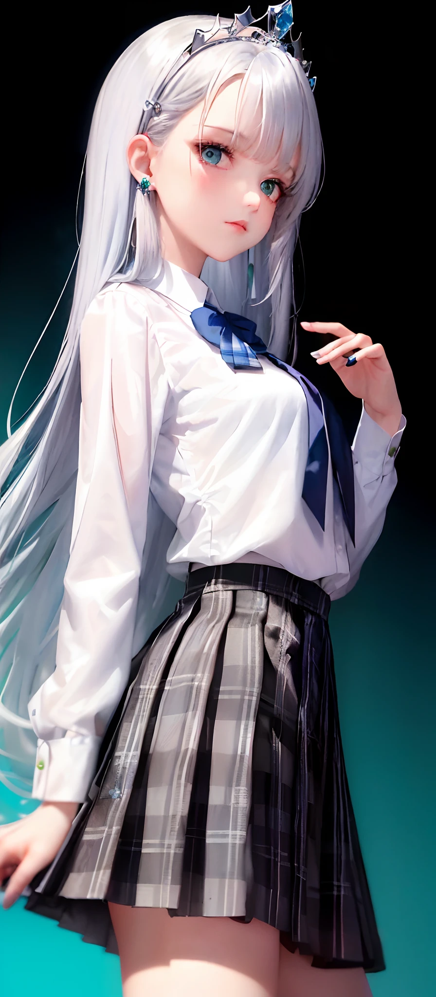 1girll, (Masterpiece:1.1), (Best quality:1.1), (White blouse:1.1), (checkered skirt:1.1), school uniform, high waisted skirt, Break [Blue:Pink:0.5] Theme, (Gradient background:1.1), Cowboy shot, Break Silver Hair, Long hair, , Green eyes, intricate detailed tiara, Looks to the side,