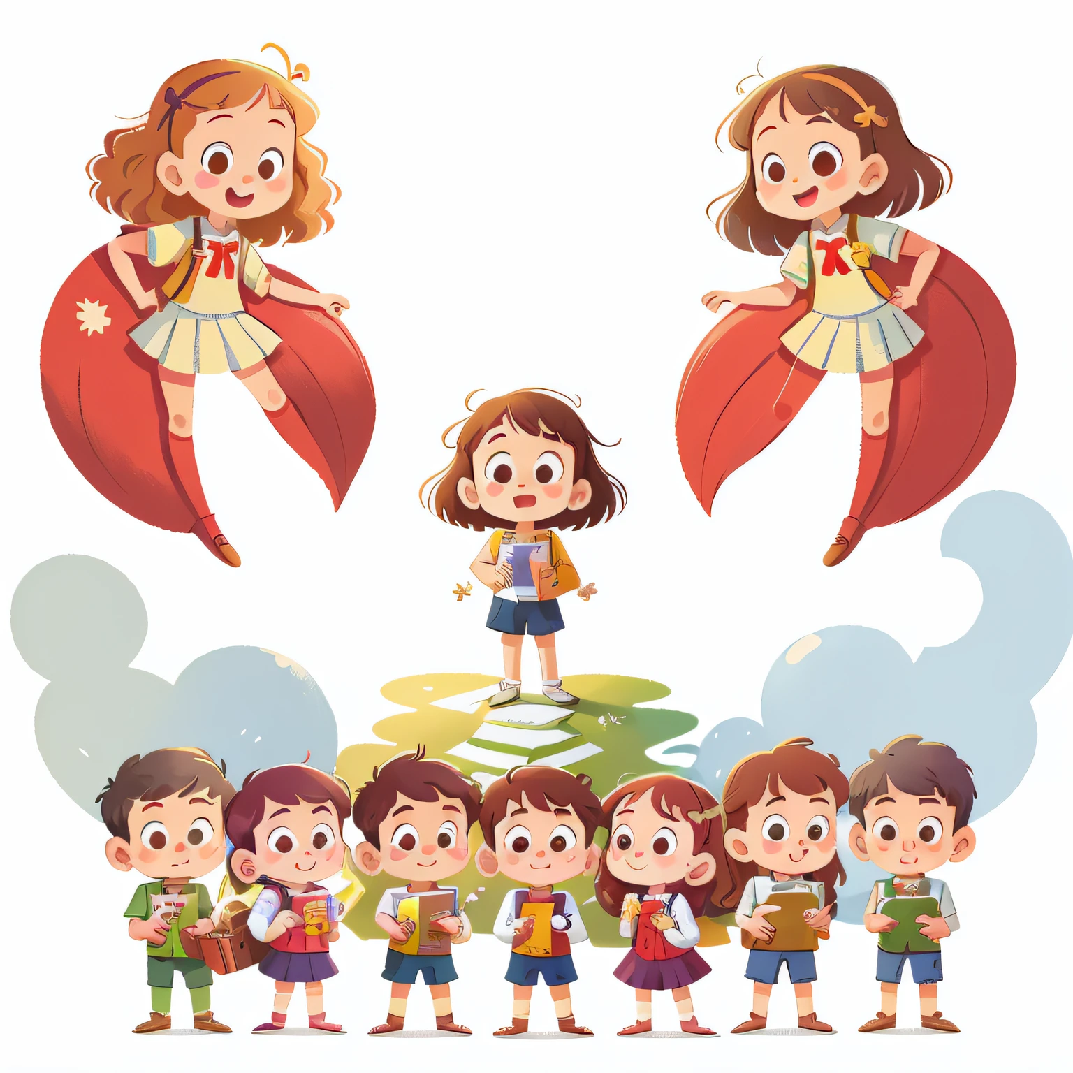 illustration, masterpiece, best quality,
students in school uniform, (girls and boys) standing side by side hand in hand standing side by side, hand on shoulder from opposite, Happy, full body, in the style of children book character, character sheet, white background, adjective + object, character sheet, children book character, white background, white background, looking at viewer