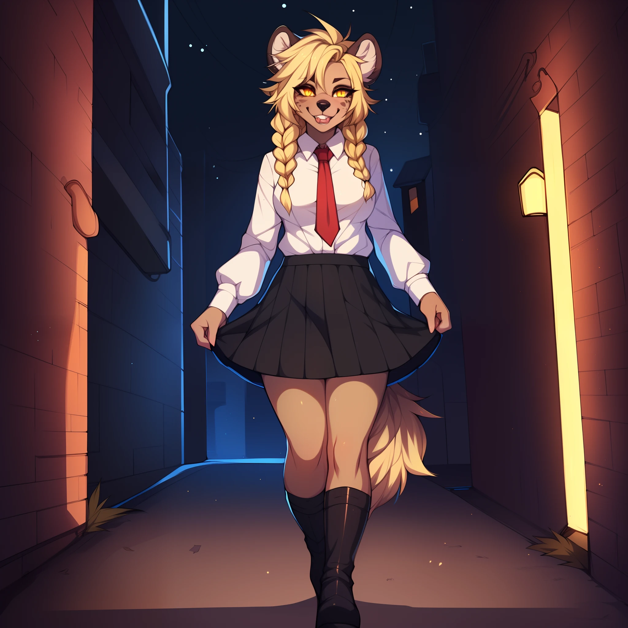 (By hyattlen, by fumiko, by claweddrip:1.2), solo, one girl, a cute light brown anthro furry hyena girl, female, (light brown fluffy body), black nose, (cute snout:1.1), fluffy tail, blonde hair, French braided hair, wearing white button up shirt, long black skirt, black boots, grinning, sharp canine teeth, yellow eyes, detailed eyes, red tie, walking down a dark narrow alley, glowing yellow eyes, licking lips, night time, approaching viewer, devious, (glowing_eyes)