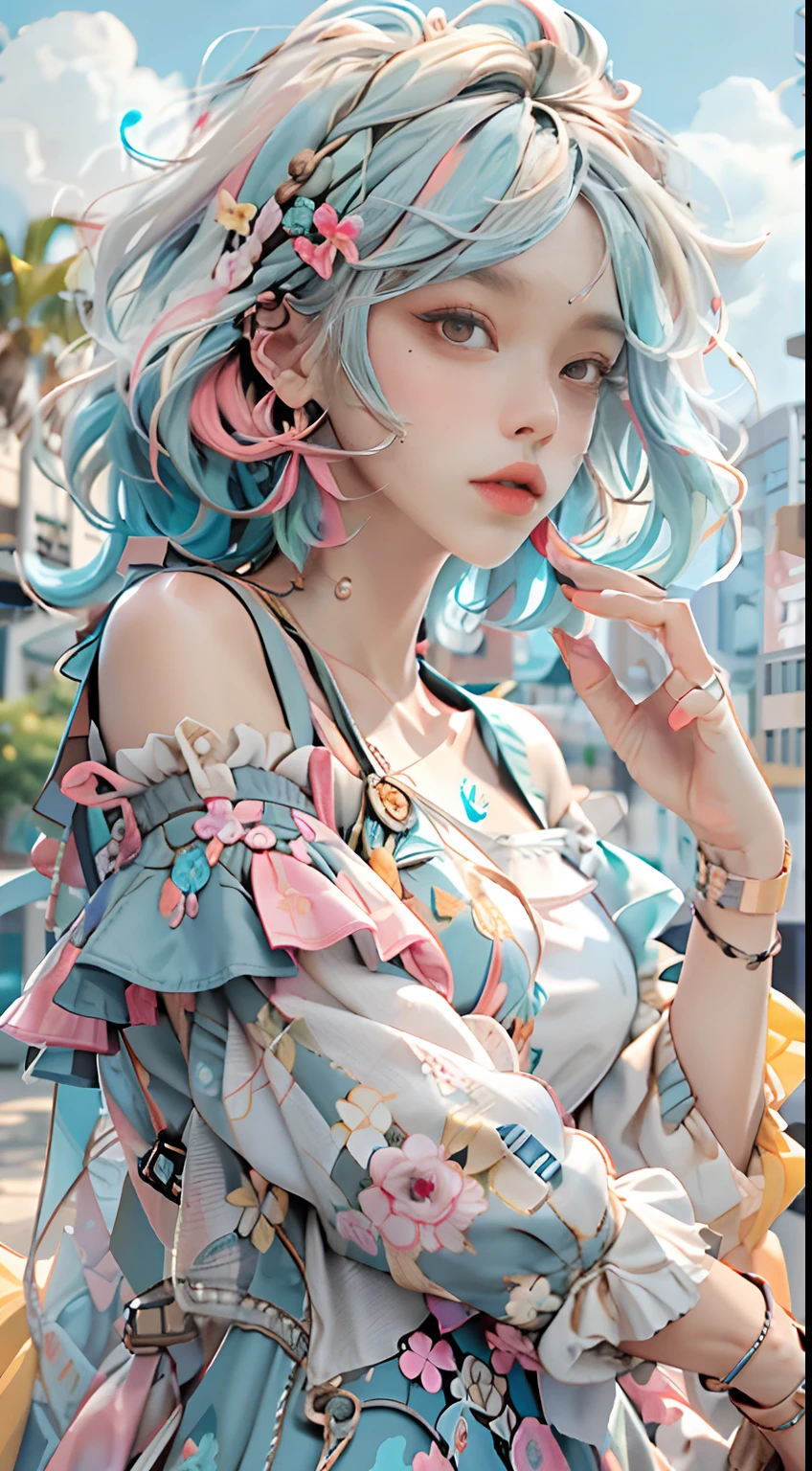 masterpiece, best quality, summer dress outfit, colorful neon hair, outdoor,cloud ,upper body,