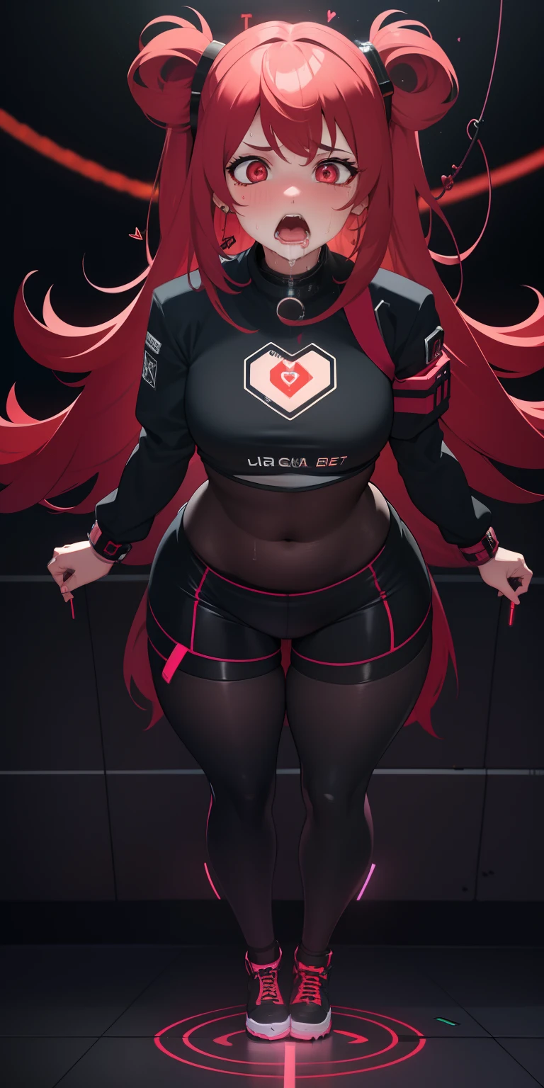 1girl, (((@ @))), pendulum, screen, full body, trembling, sweat, heart, small breasts, ((heavy breathing:1.3)), love, heart, open mouth, drooling, choker, cyberpunk, techwear, red hair, perfect belly, scifi aparment, neon city, ((hypnosis)), (((mind control)))