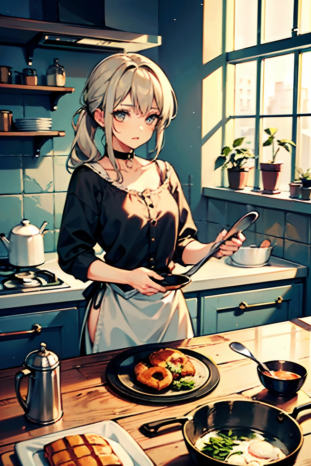 masterpiece, highest quality, finely detailed, (1girl, ancient roman slave, servant, mousy, thin, waif), hungry, obedient, docile, wearing worn rags, choker, cooking, ancient kitchen, wood, scullery, pots and pans, dishes, water