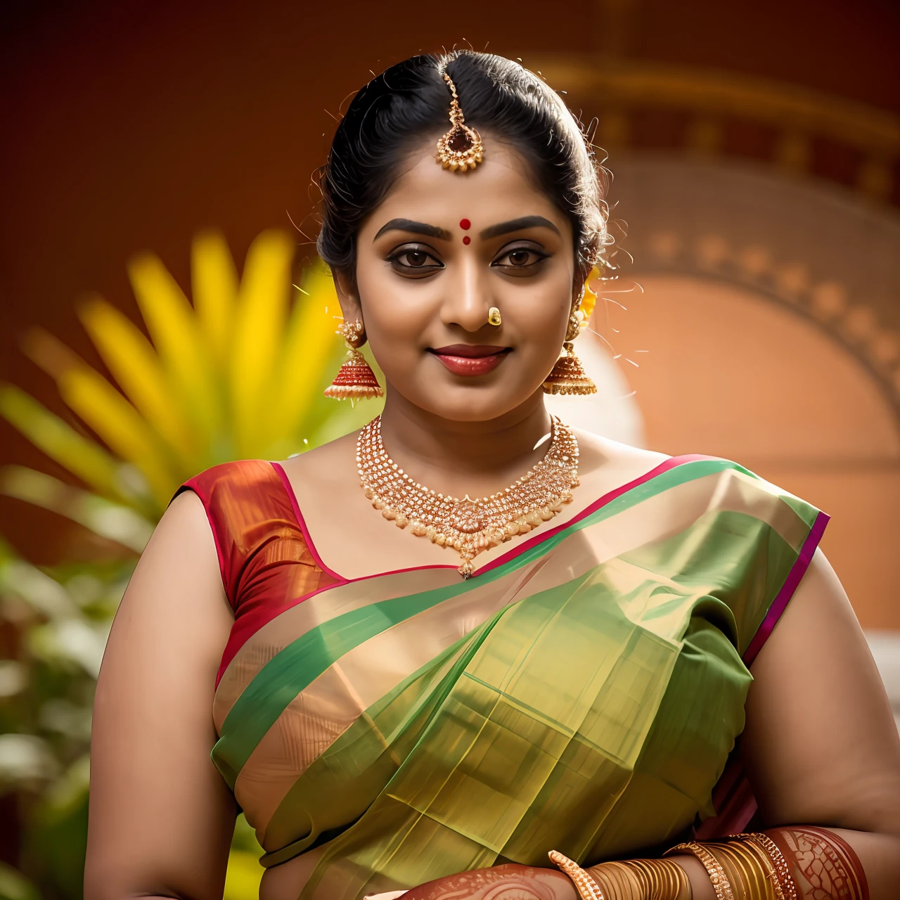 Photographic recreation of art by mohanan manimala, modelshoot, modelshoot Inspired by art of mohanan manimala, pale skin, Beautiful lady, extremely gorgeous woman, mallu traditional wear, night party wear, wedding party wear, sleeveless blouse, designer blouse, designer sari, fashion saree, 35 years old, wearing palla, Indian traditional bandeau crop tops type bra, huge breast, milk tank, mallu woman, mallu actress, mallu aunty, mallu sari model, mallu actress, lusty, perfect thick body, fleshy figure, highly detailed, intricate, flawless, perfect face, perfect eyes, perfect fingers, round shaped face, curvy, hot, captivating, lusty, charming, attractive figure, mature woman,