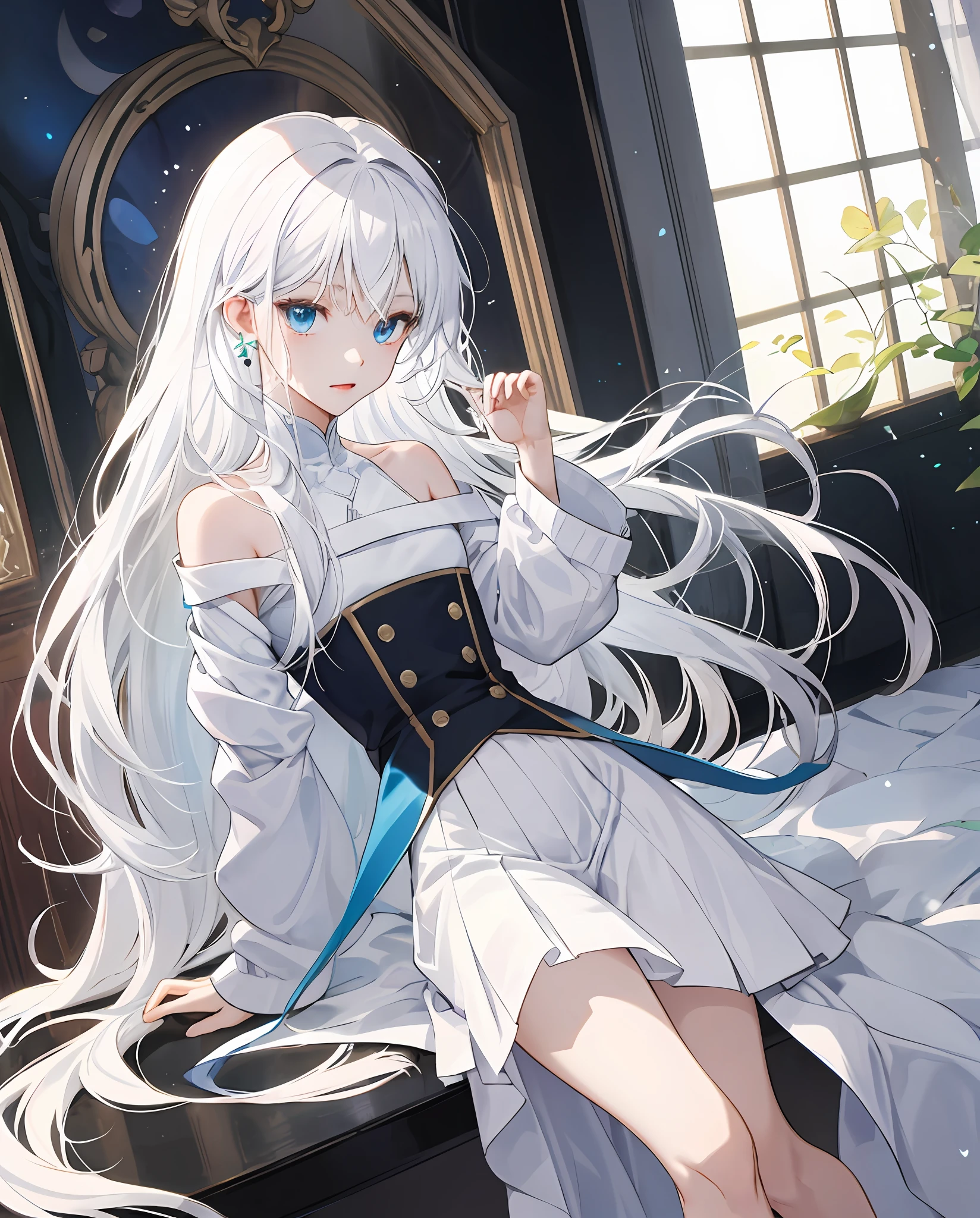 Two-dimensional white hair, white hair, long hair, blue eyes, perfect white long skirt, white silk, holy and pure, flawless little cute, sexy little body, anime white skin, beautiful legs, cartoon long hair, thin legs, small mouth