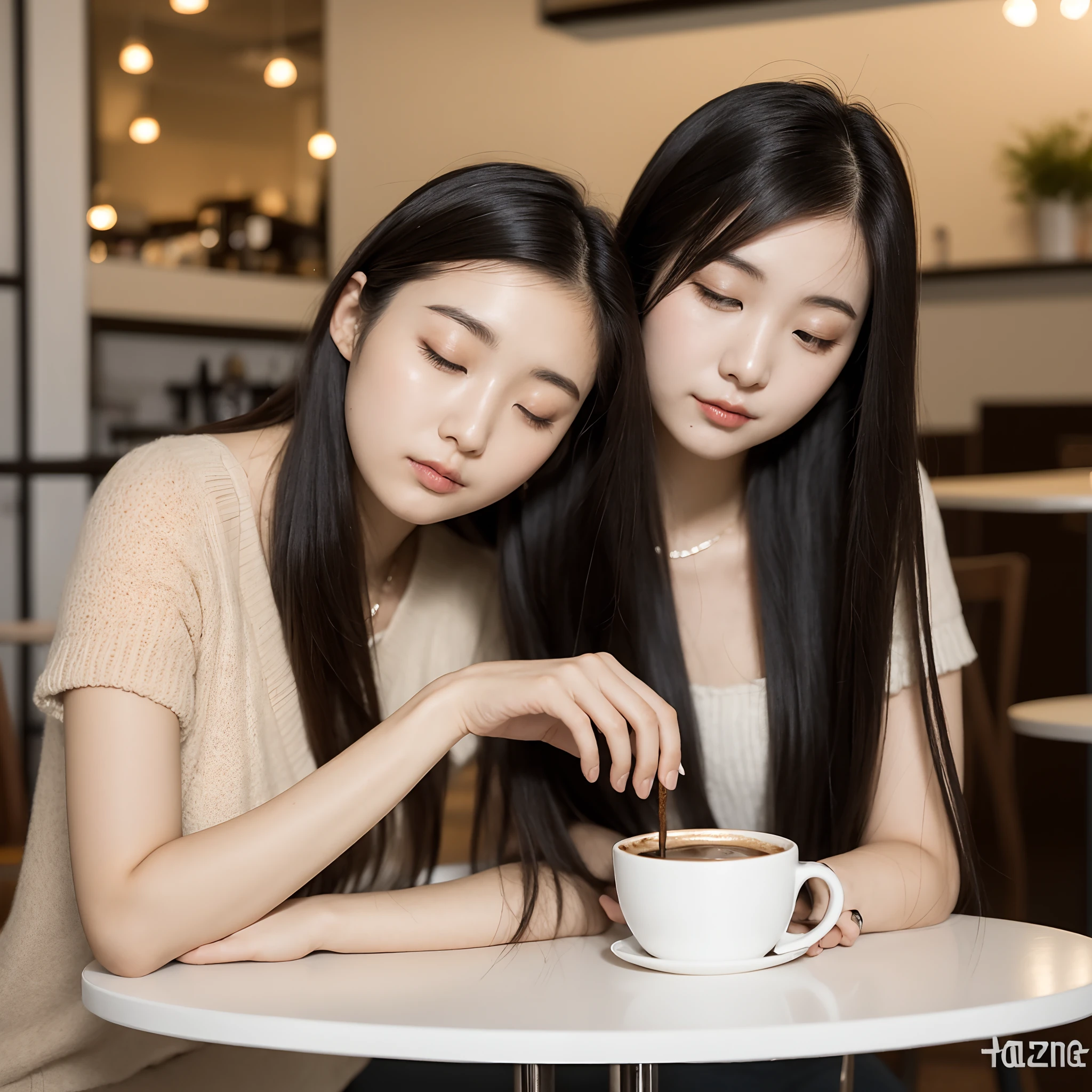 (((narcolepsy)))、there is a woman sitting at a table with a cup of coffee, Beautiful young Korean woman, beautiful Korean women, Gorgeous young Korean woman, Korean Girl, sitting in a cafe alone, girl cute-fine-face, a young asian woman, Asian girl with long hair, ulzzangs, cute young woman, Young adorable Korean face