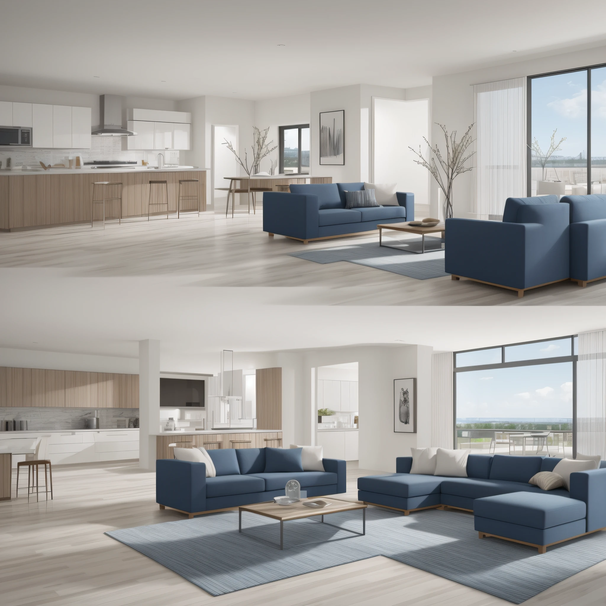 realistic images suitable for marketing materials promoting The Blueprint Design Company, a specialist in floor plans and 3D renders. The images should depict a variety of interior and architectural scenes, including modern living rooms, office spaces, and kitchens. Showcase the company's expertise by incorporating blue and white color accents that align with the branding. All images should be illuminated with daylight for a natural feel. Feel free to experiment with various photographic zoom styles to ensure visual diversity.