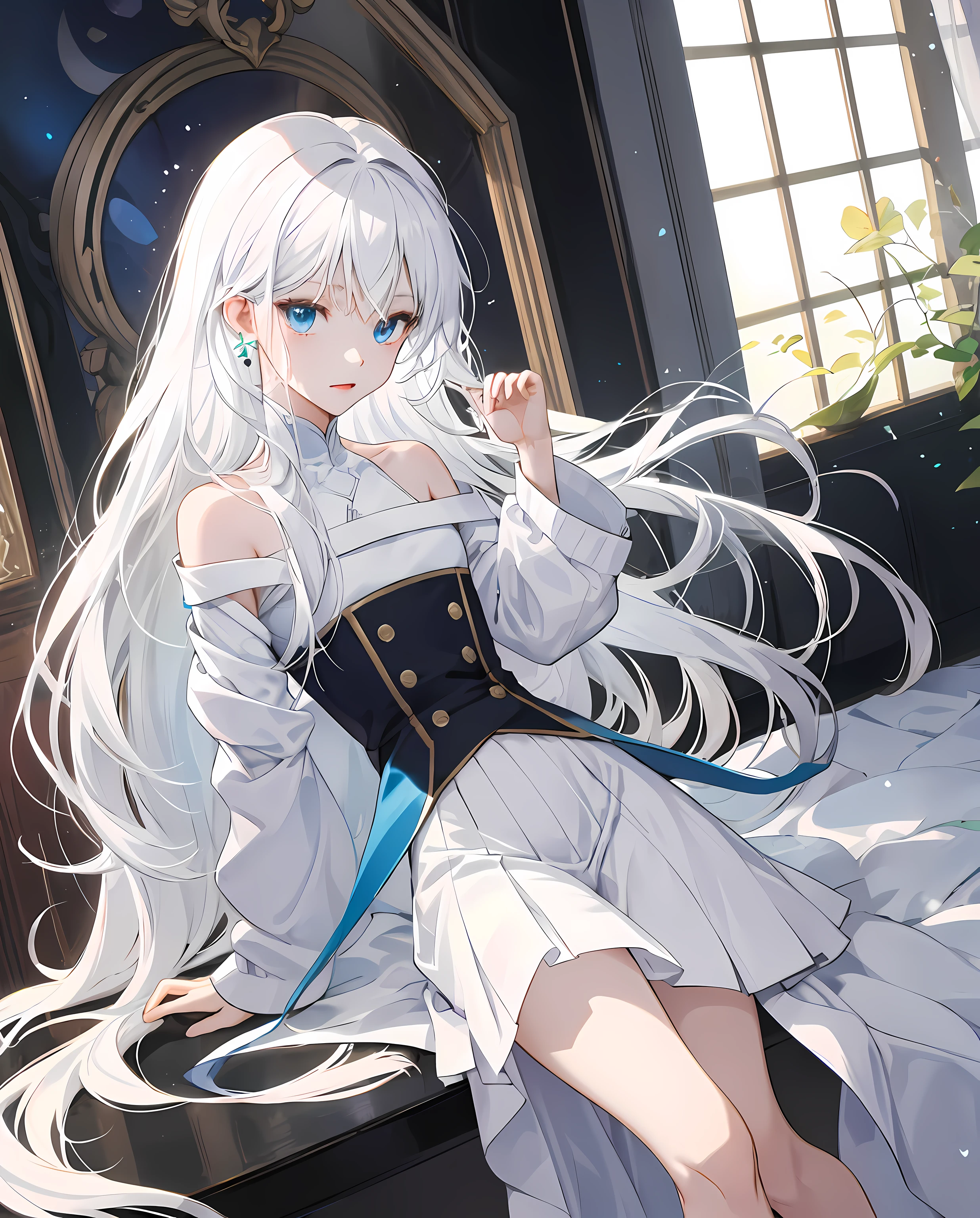 Two-dimensional white hair, white hair, long hair, blue eyes, perfect white long skirt, white silk, holy and pure, flawless little cute, sexy little body, anime white skin, beautiful legs, cartoon long hair, thin legs, small mouth
