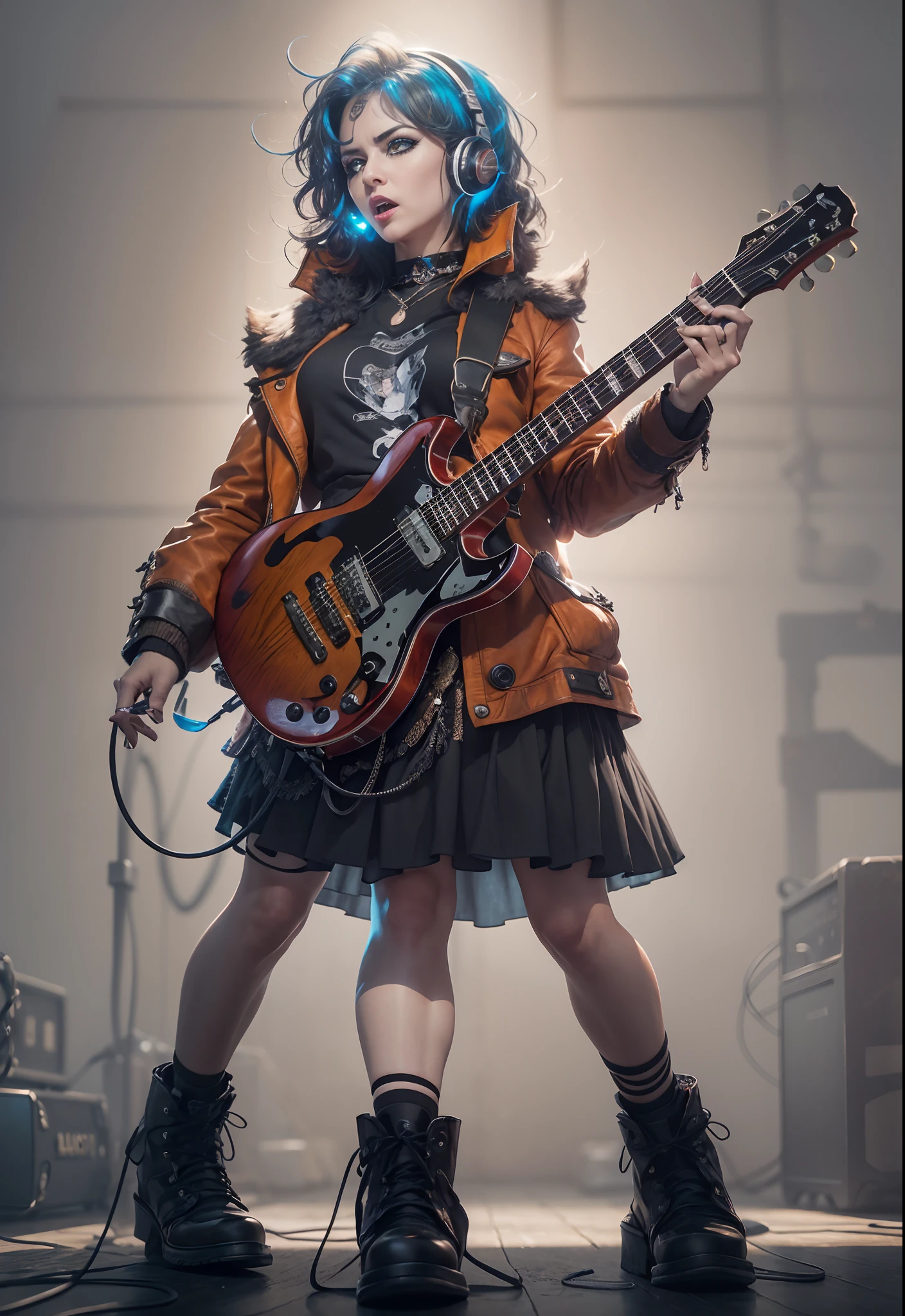 highres, shadows, absurdres, best_quality, ultra_detailed, 8k, extremely_clear, photograph, beautiful, sharp focus, hdr,
A sexy punk rock singer woman with blue short hair and symmetrical teary eyes holds a guitar and sings into headphones, (mature face:1.4), (black eyeliner:1.4), wearing a red punk skirt skirt, with a dynamic angle, captured in a high-detailed cowboy shot, exuding a melancholy emotion, featuring soothing tones and a contrasting mix of light and shadow, all while emphasizing the subject's hair, eyes, mouth, and action in a composition that is both pleasing to the eye and thought-provoking.