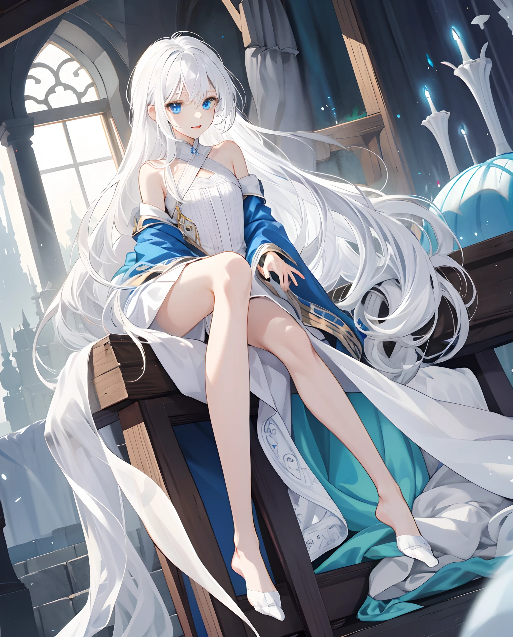 Two-dimensional white hair, white hair, long hair, blue eyes, perfect white long skirt, white silk, holy and pure, flawless little cute, sexy little body, anime white skin, beautiful legs, cartoon long hair, thin legs, small mouth